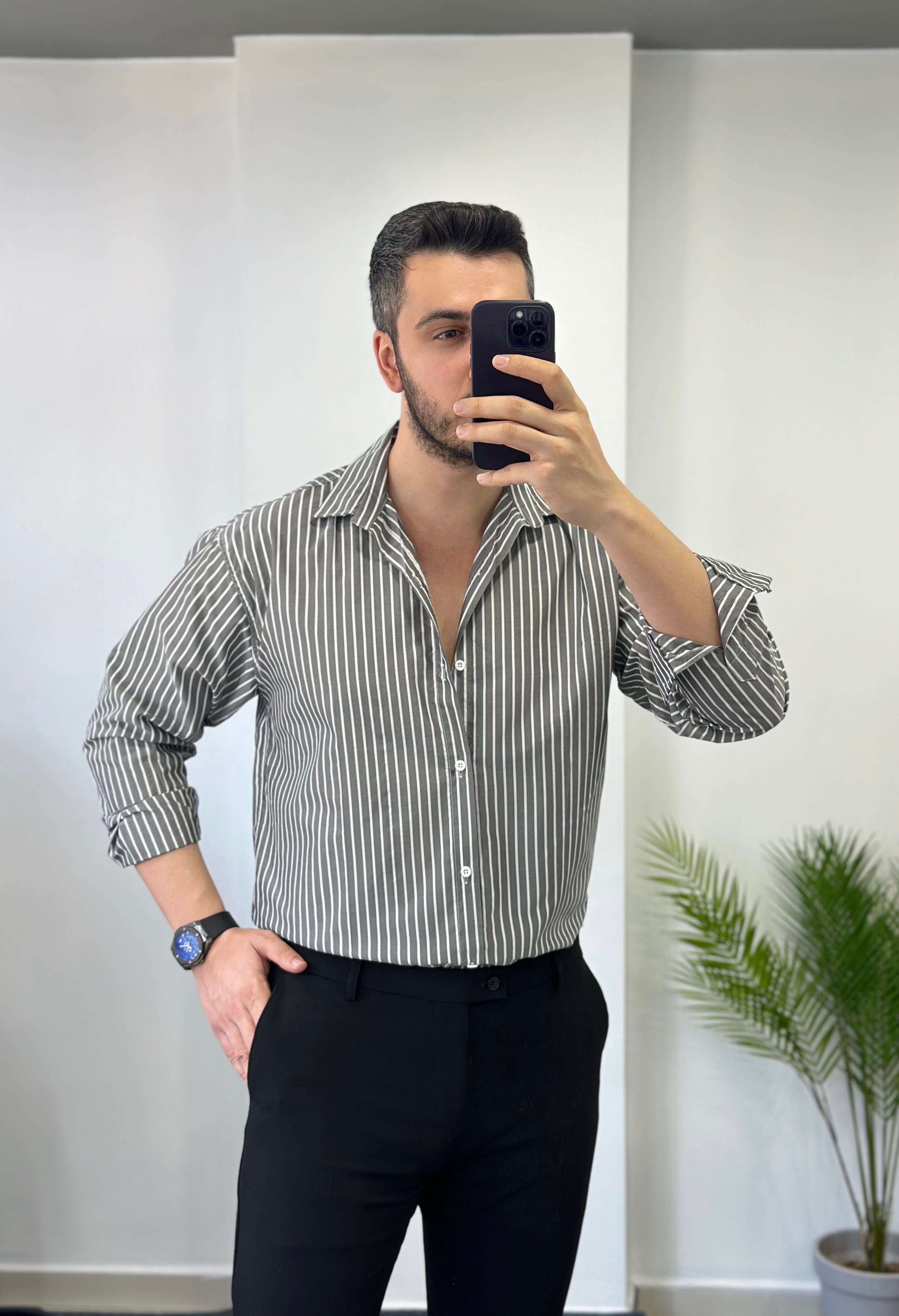 Terry Cotton Siyah Çizgili Oversize Gömlek 