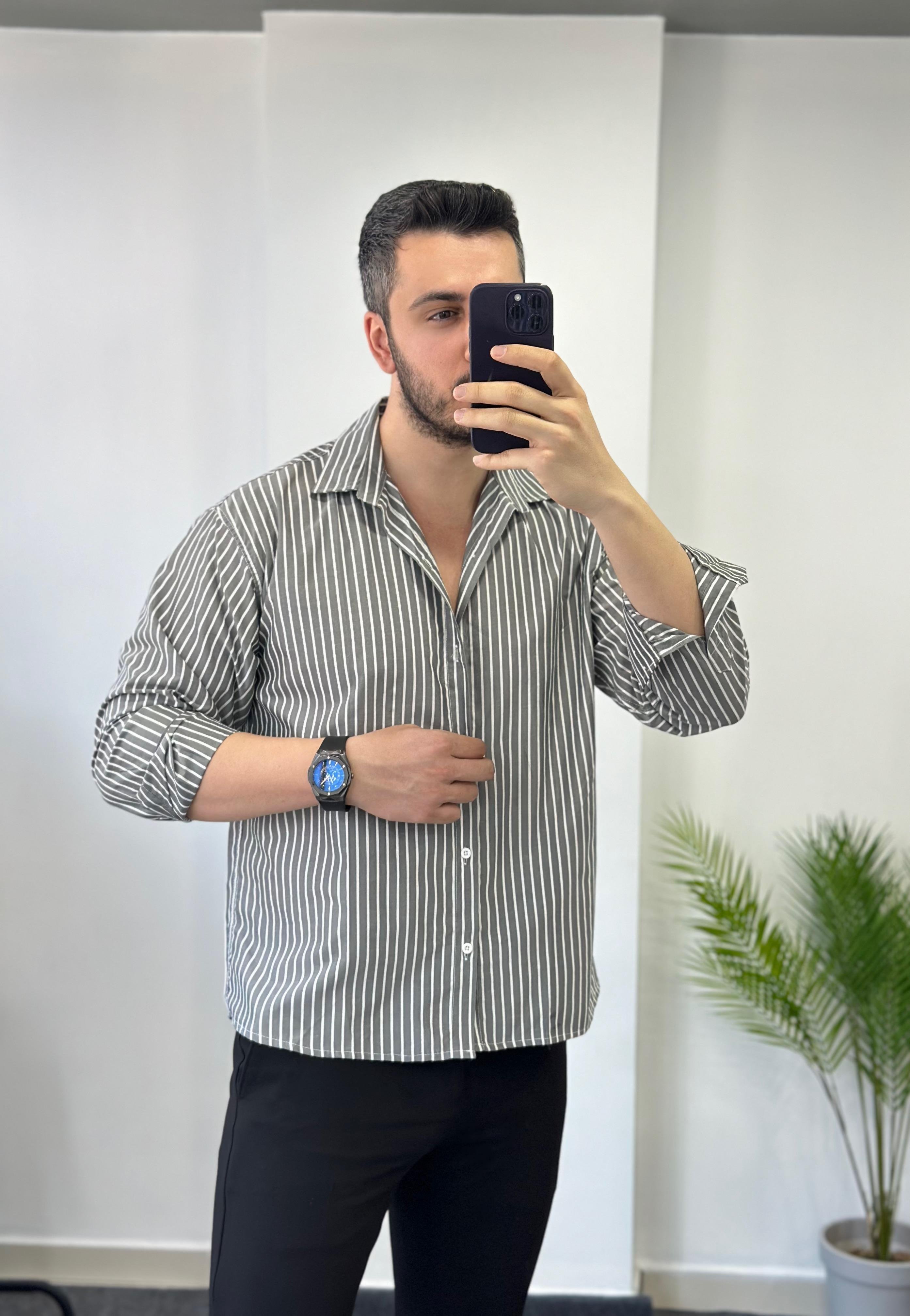 Terry Cotton Siyah Çizgili Oversize Gömlek 
