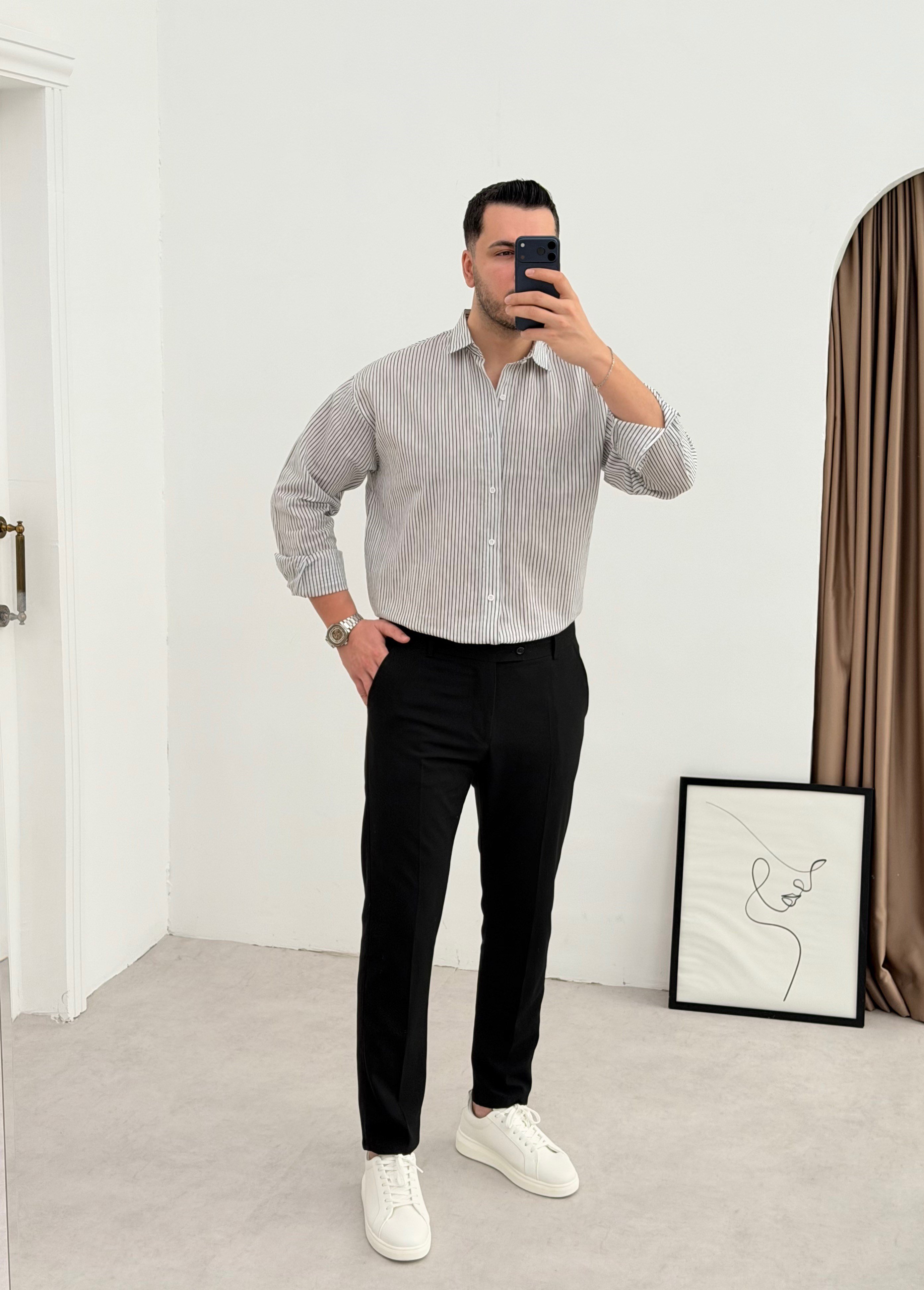 Titanyum Beyaz Çizgili Oversize Gömlek