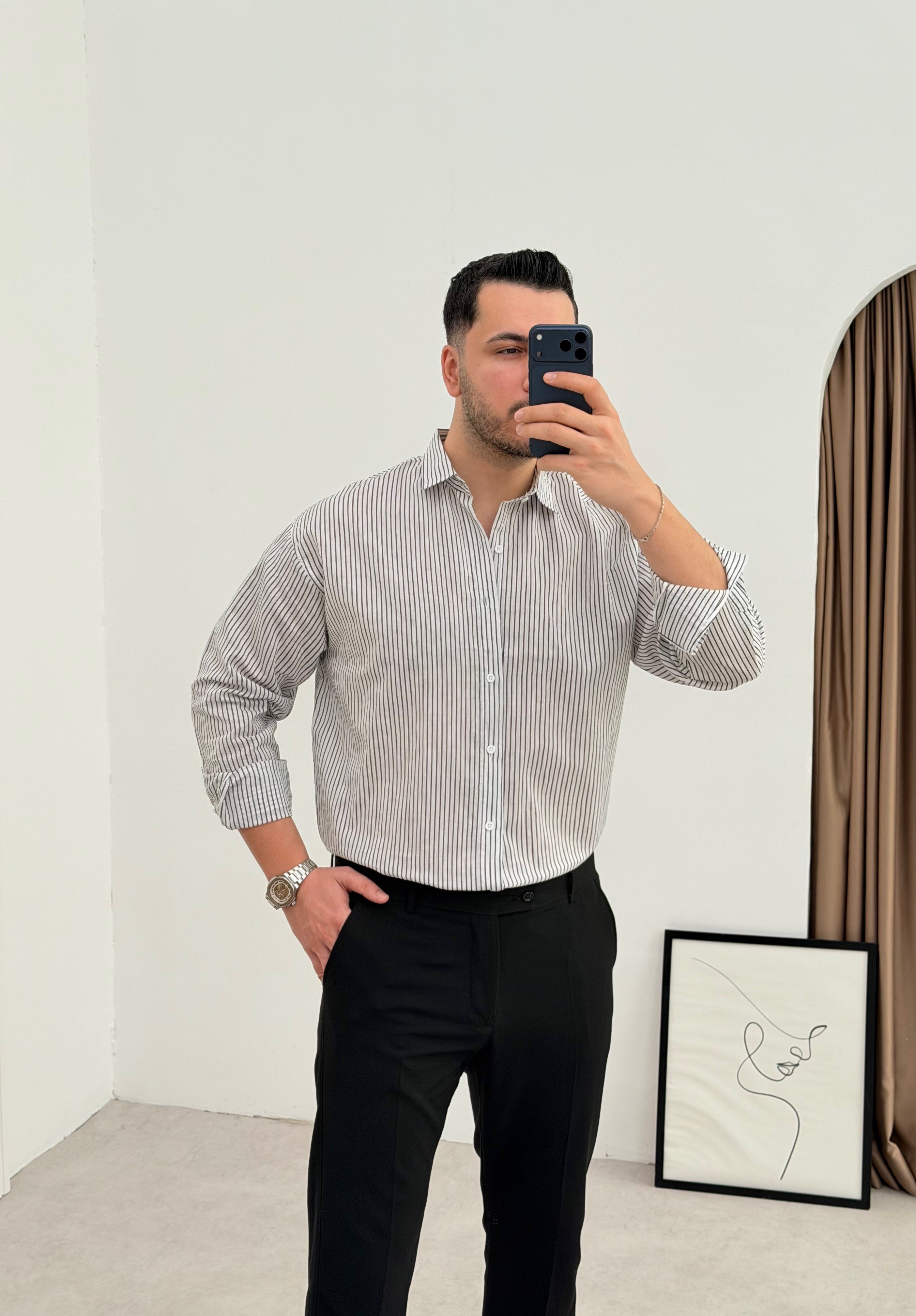 Titanyum Beyaz Çizgili Oversize Gömlek