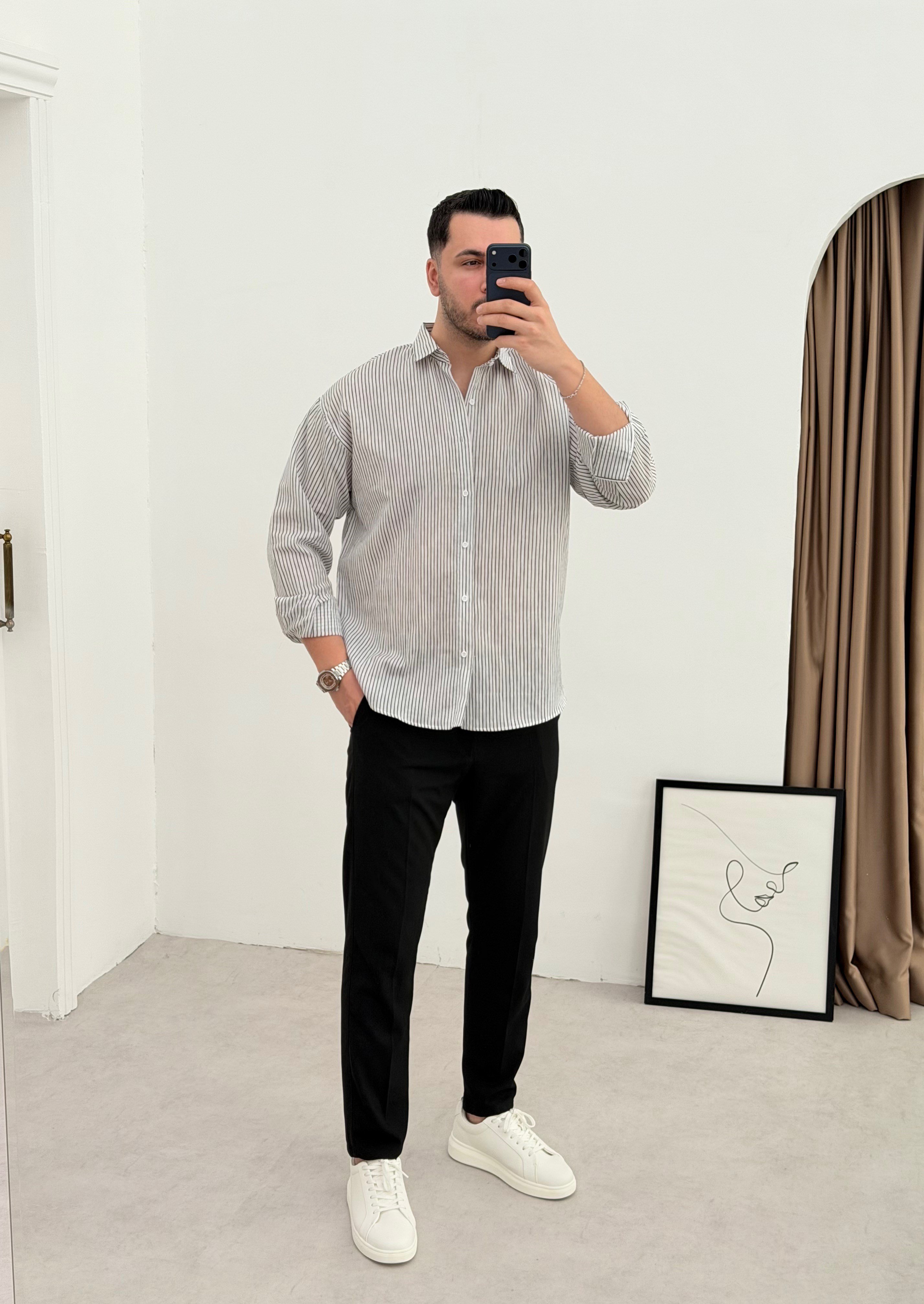 Titanyum Beyaz Çizgili Oversize Gömlek