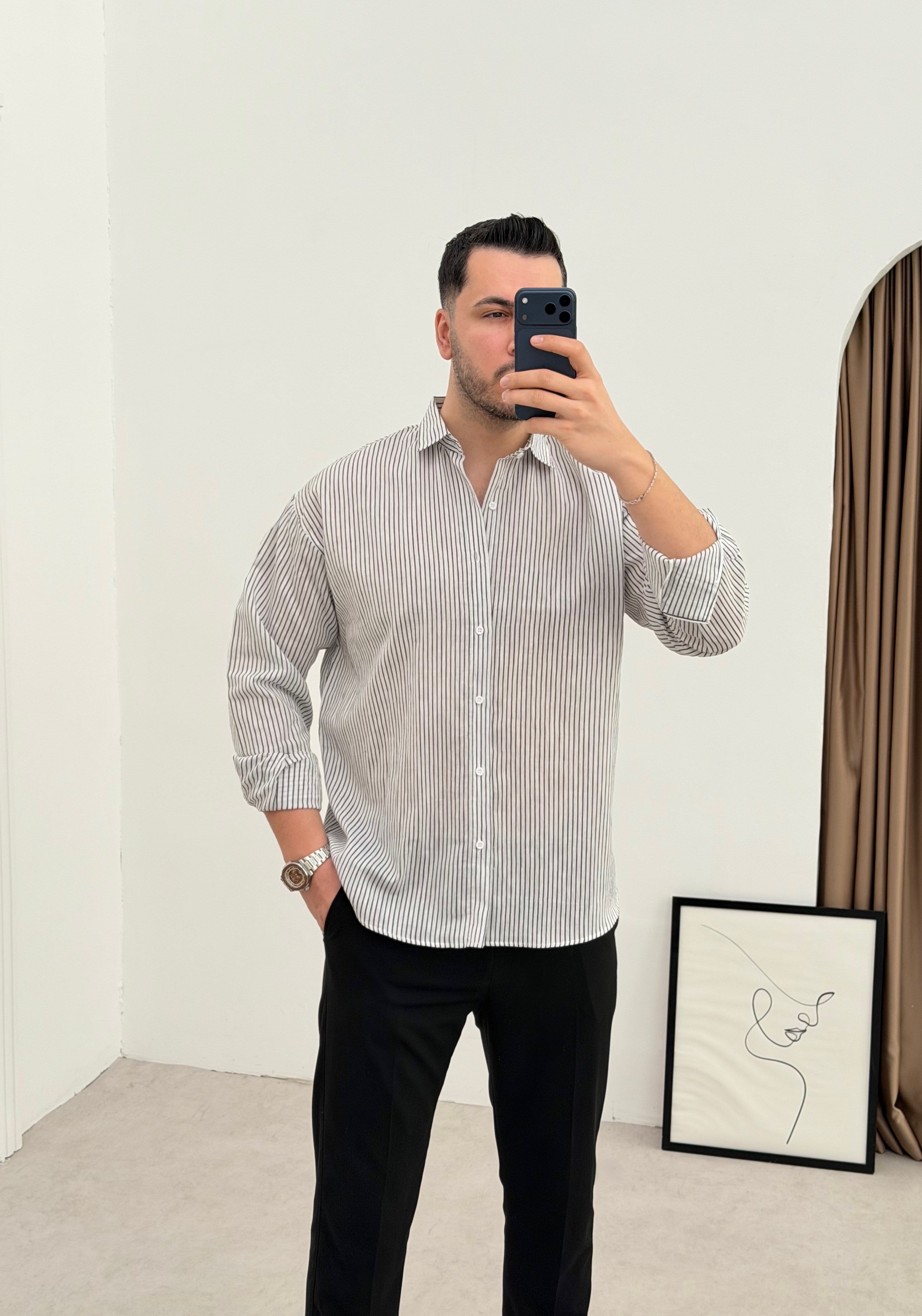 Titanyum Beyaz Çizgili Oversize Gömlek