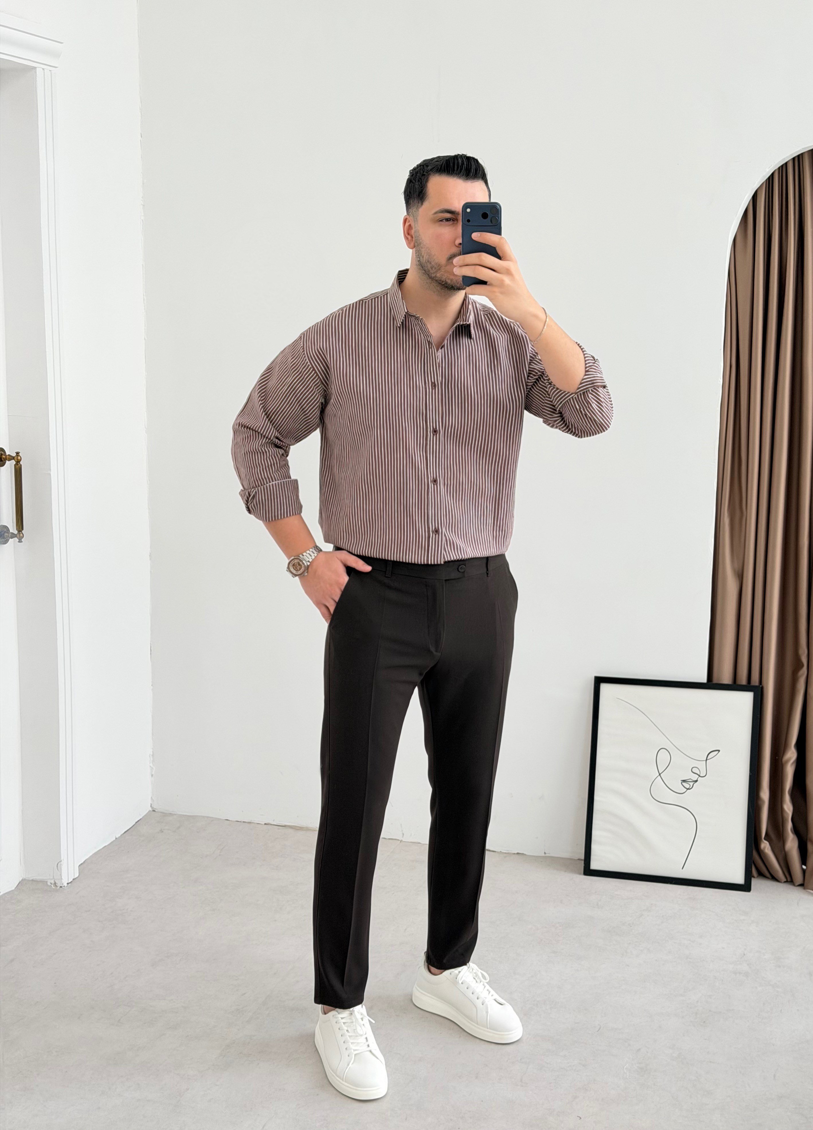 Titanyum Kahve Çizgili Oversize Gömlek