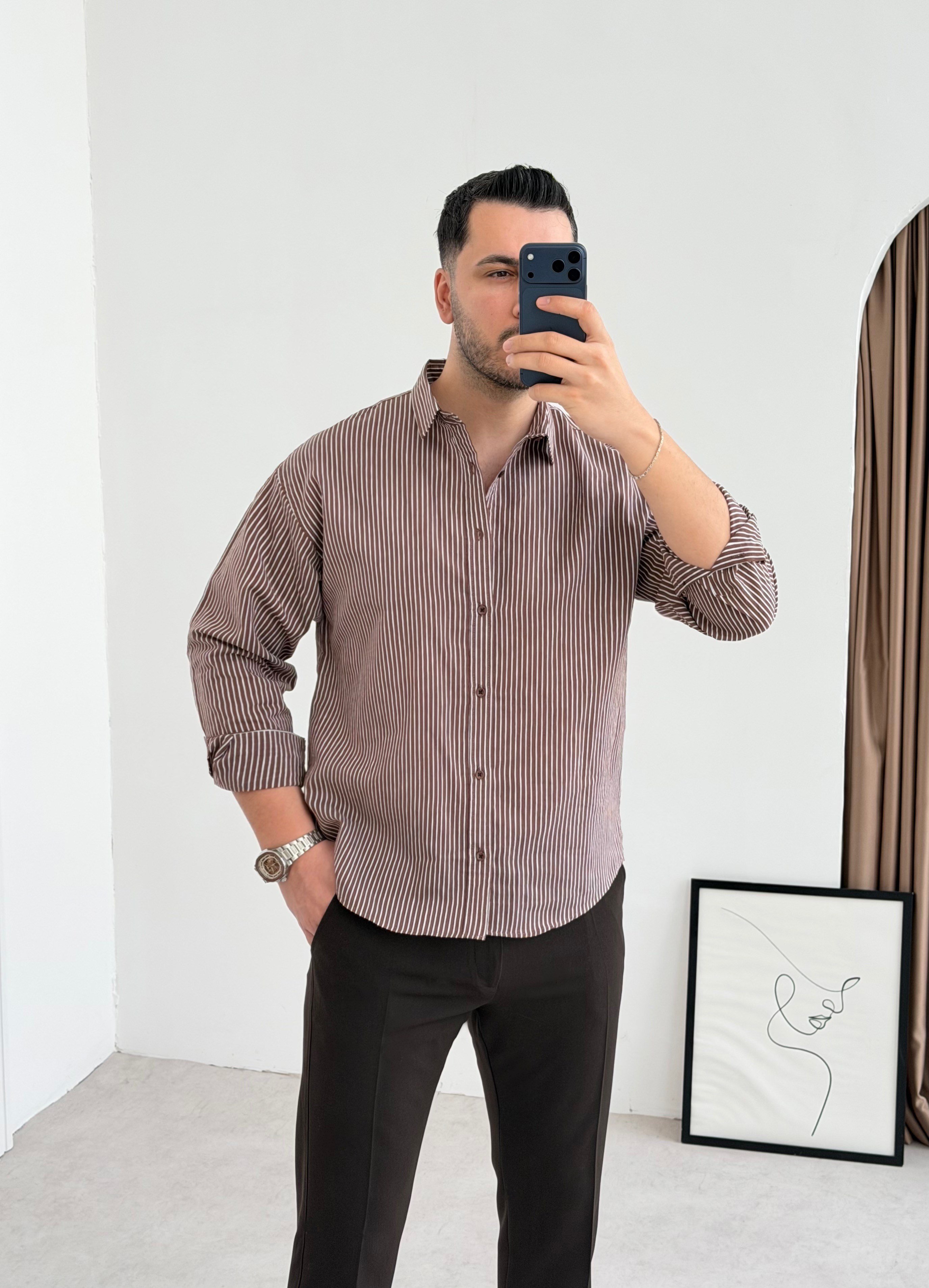 Titanyum Kahve Çizgili Oversize Gömlek