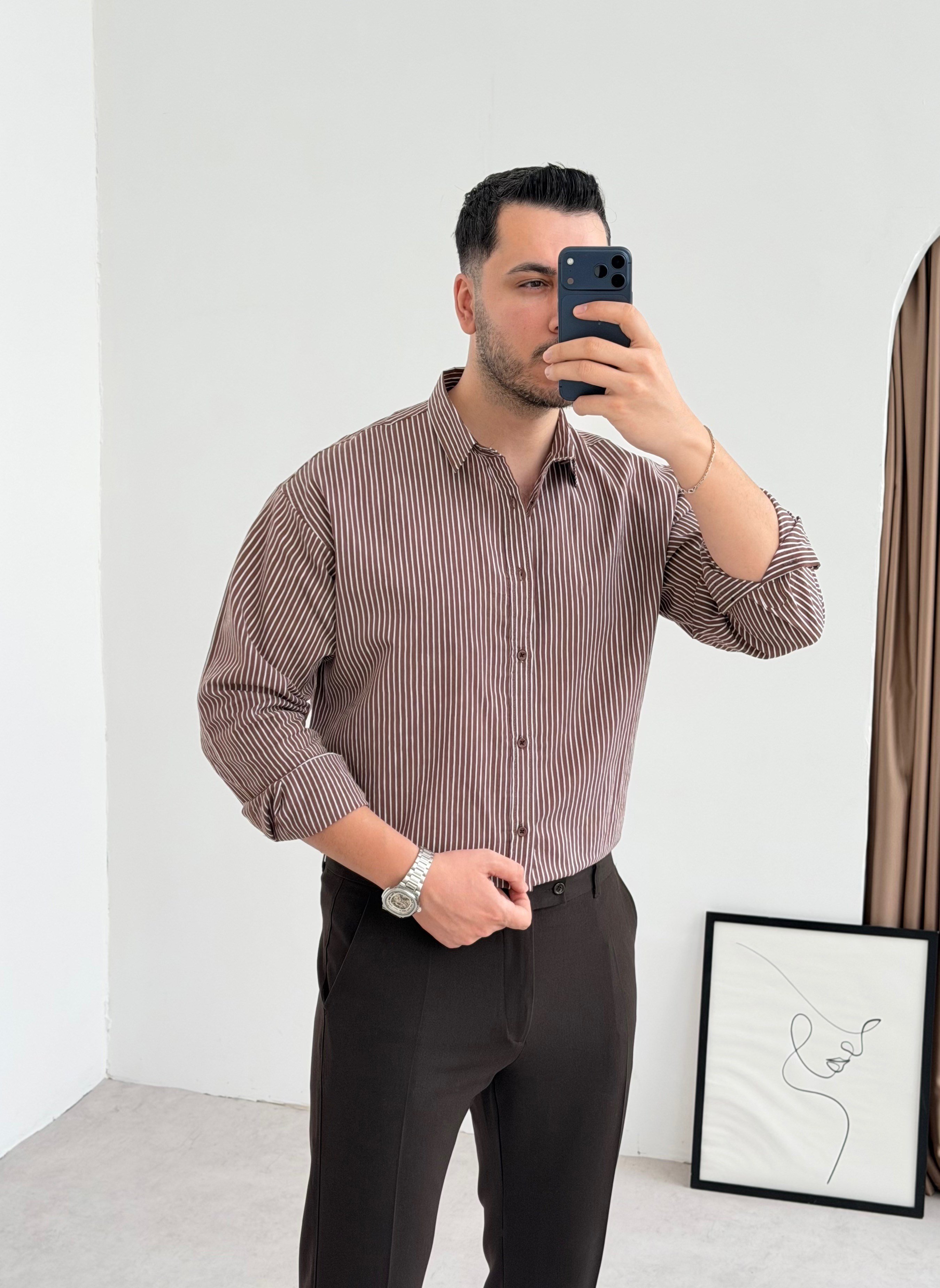 Titanyum Kahve Çizgili Oversize Gömlek