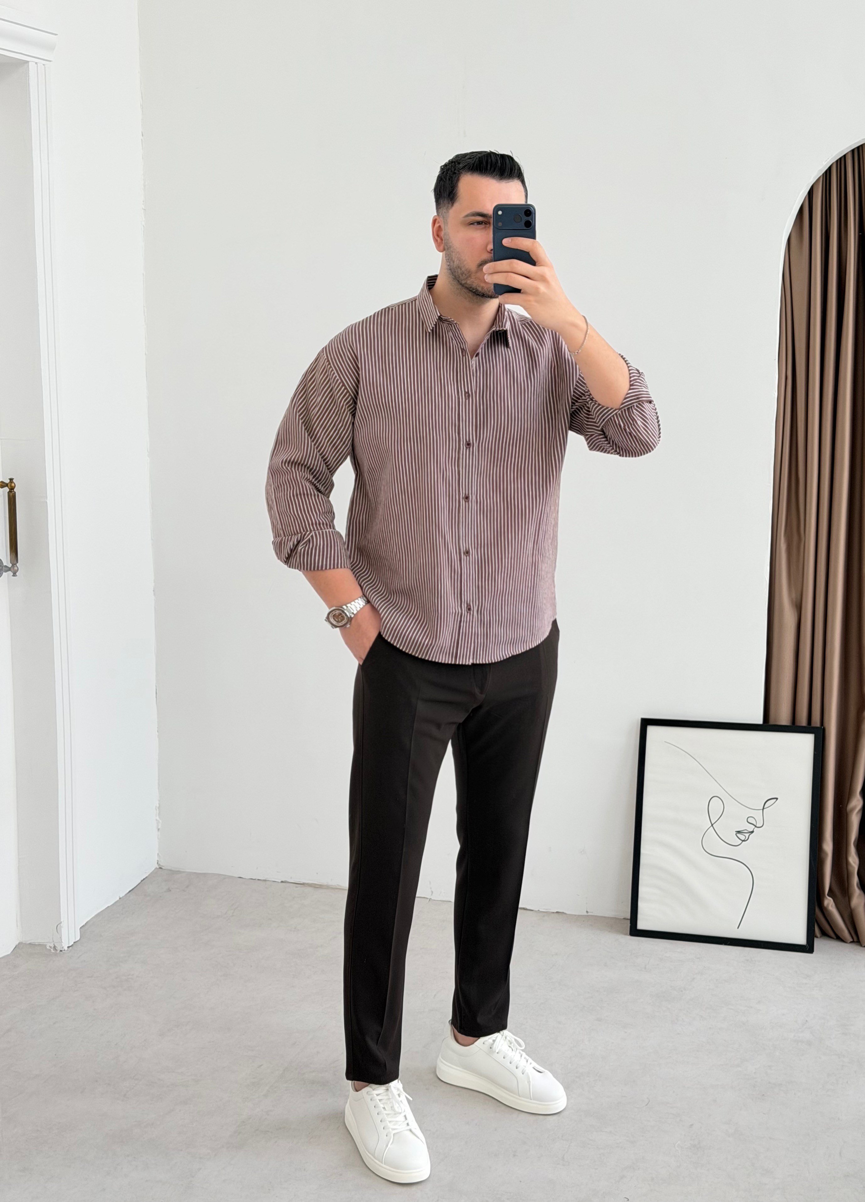 Titanyum Kahve Çizgili Oversize Gömlek