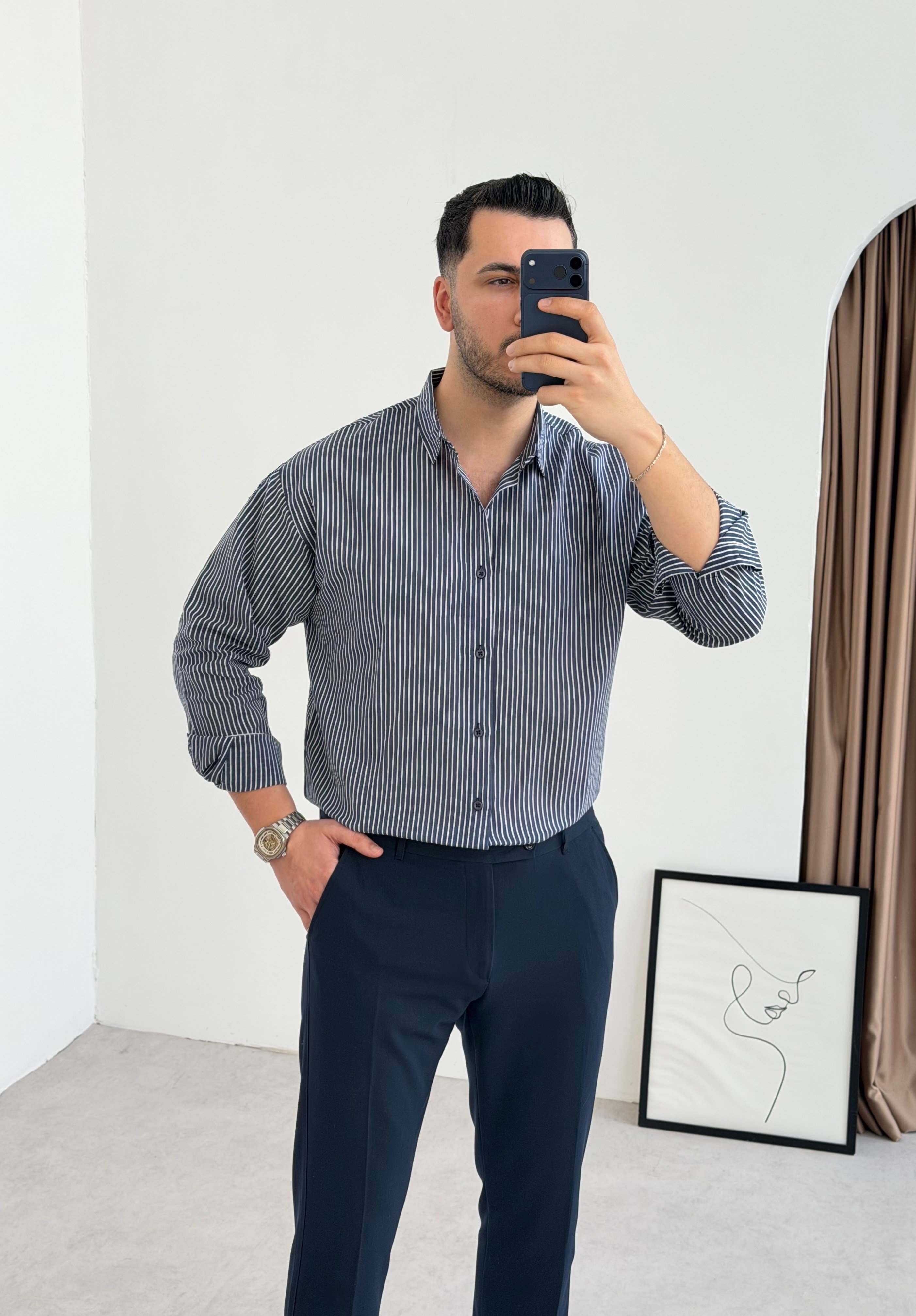 Titanyum Lacivert Çizgili Oversize Gömlek