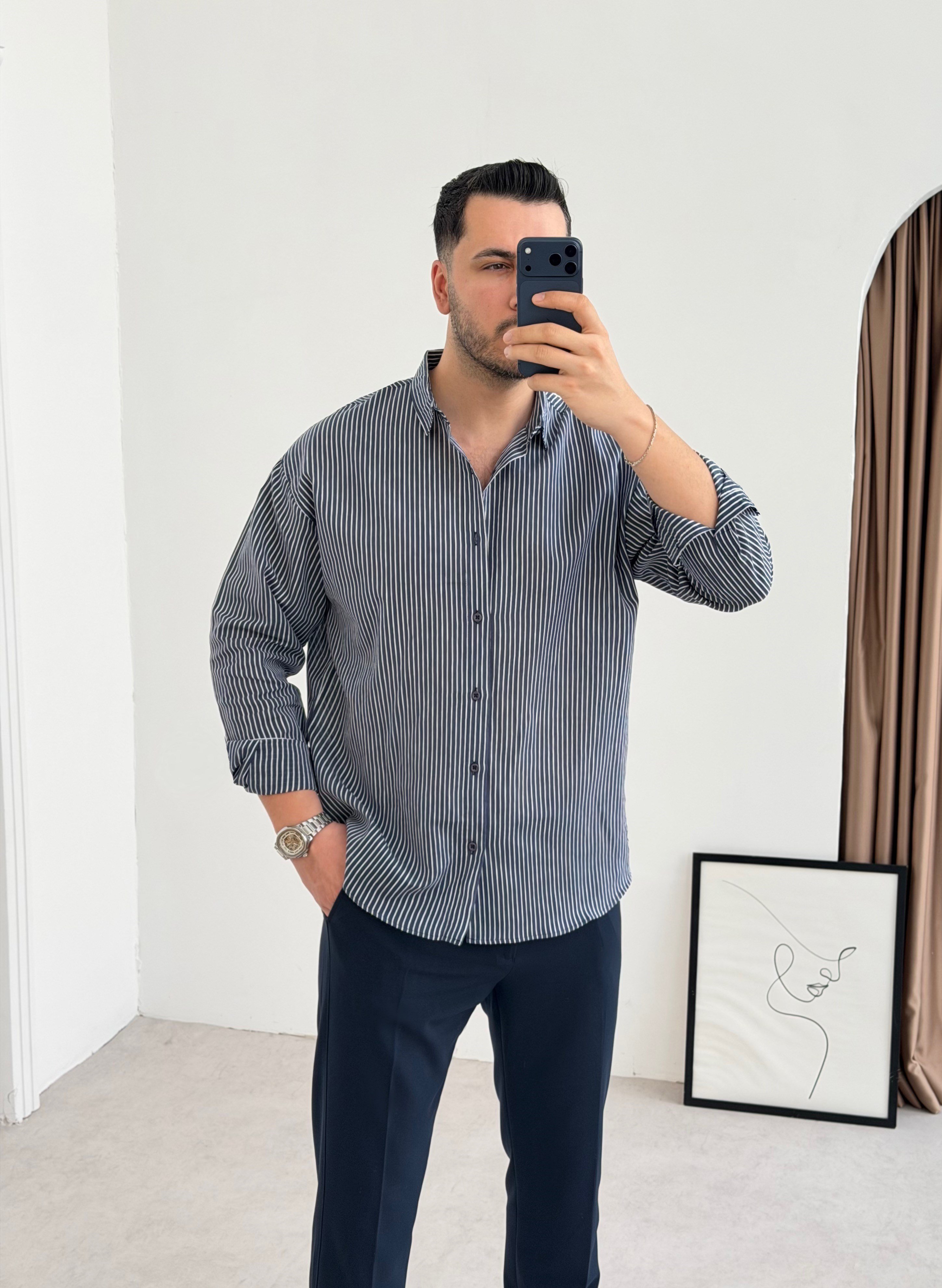 Titanyum Lacivert Çizgili Oversize Gömlek