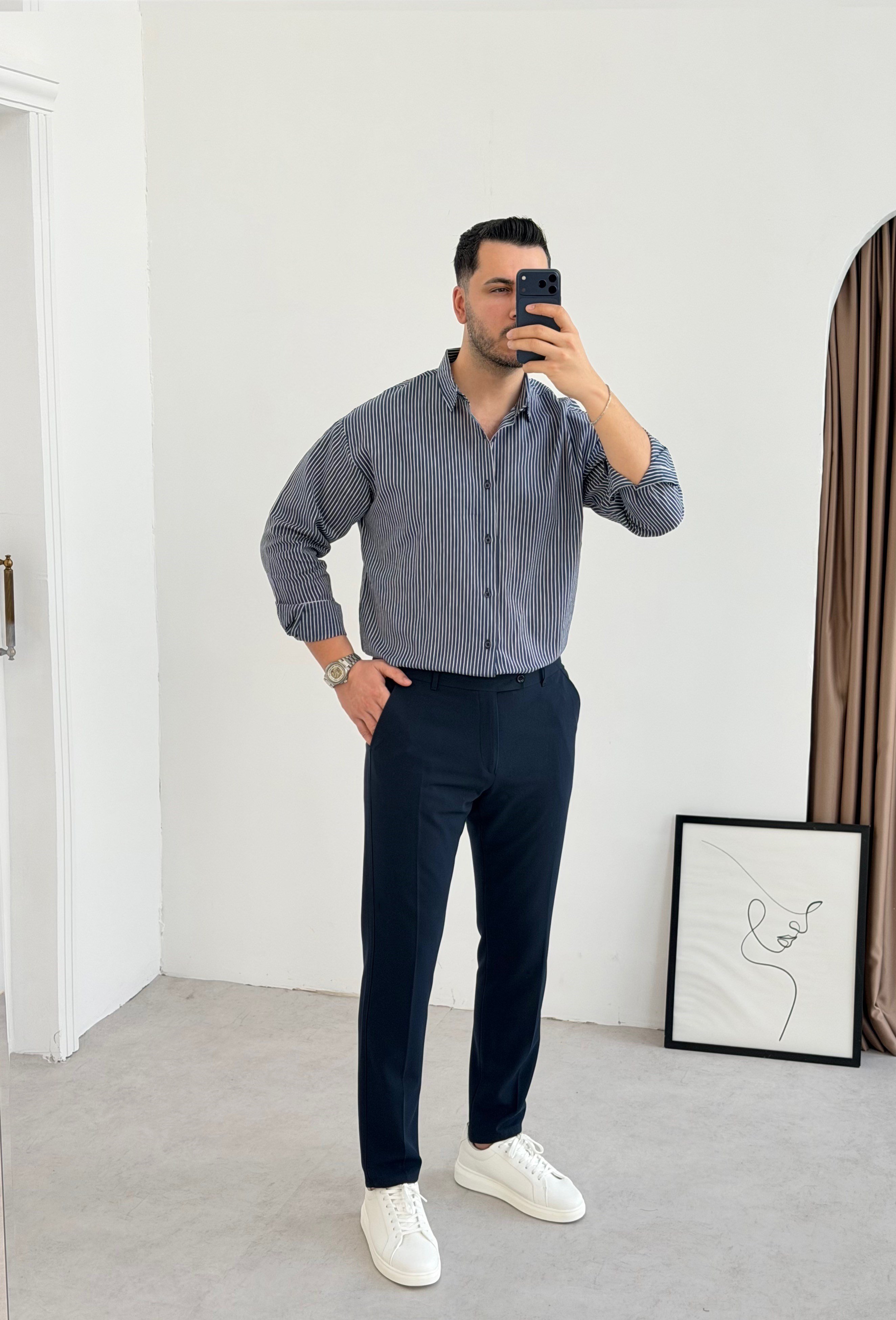 Titanyum Lacivert Çizgili Oversize Gömlek