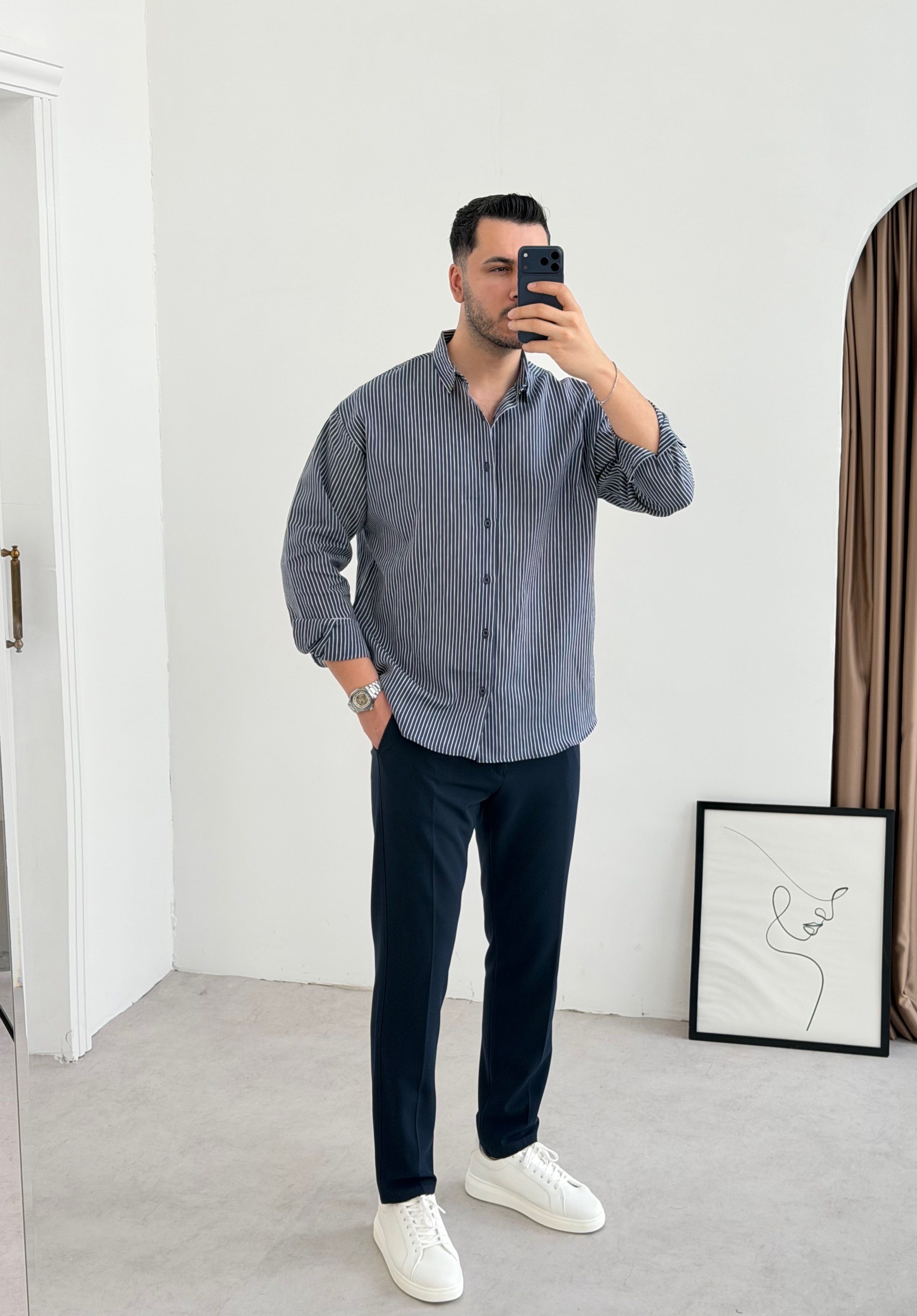 Titanyum Lacivert Çizgili Oversize Gömlek