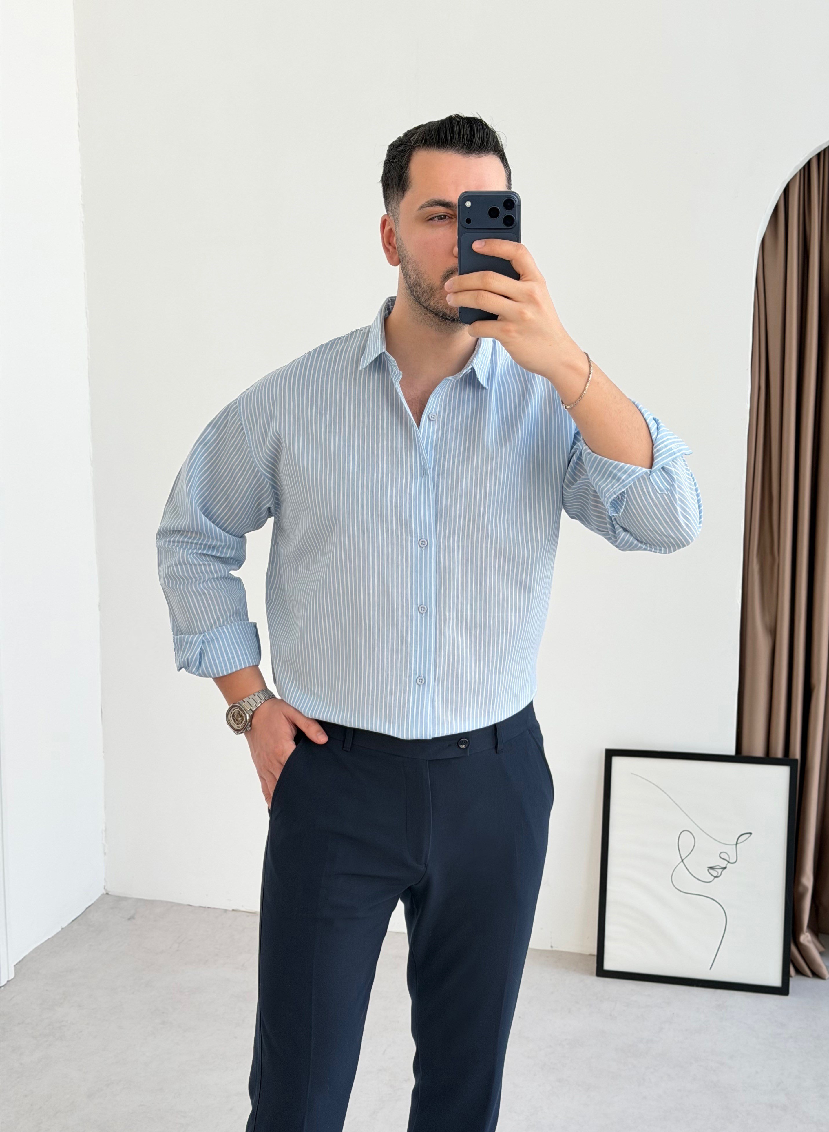 Titanyum Mavi Çizgili Oversize Gömlek
