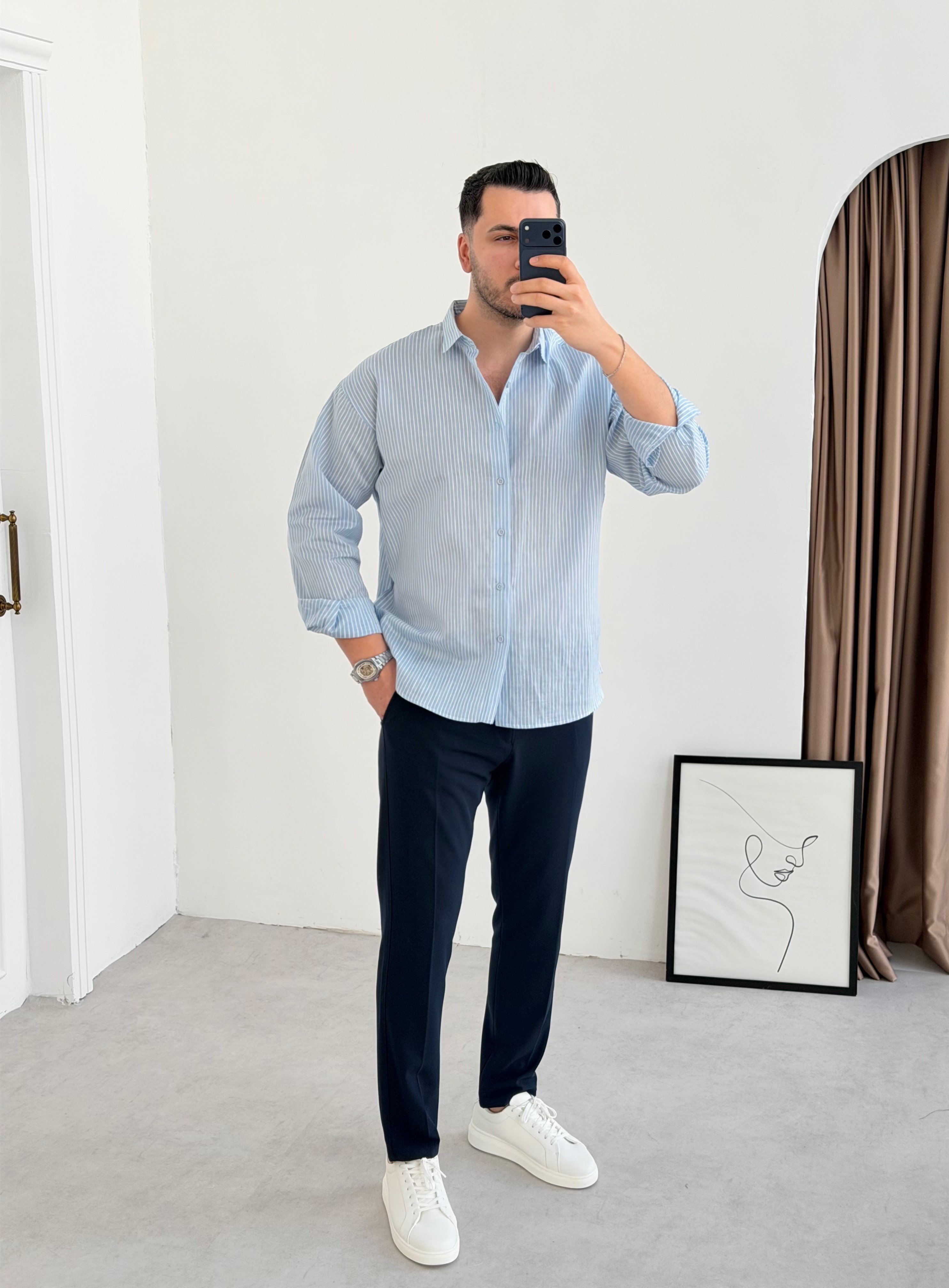 Titanyum Mavi Çizgili Oversize Gömlek