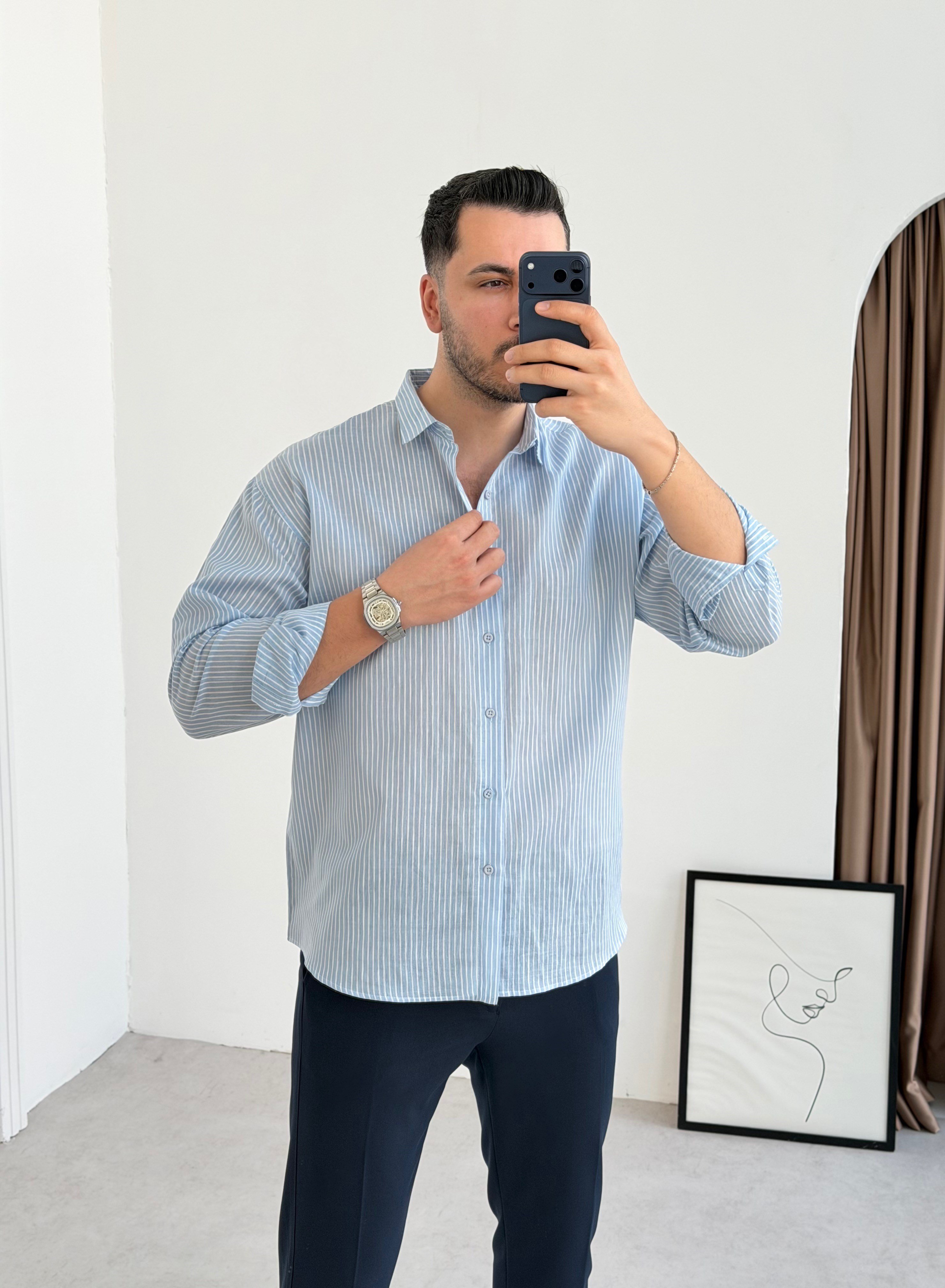 Titanyum Mavi Çizgili Oversize Gömlek