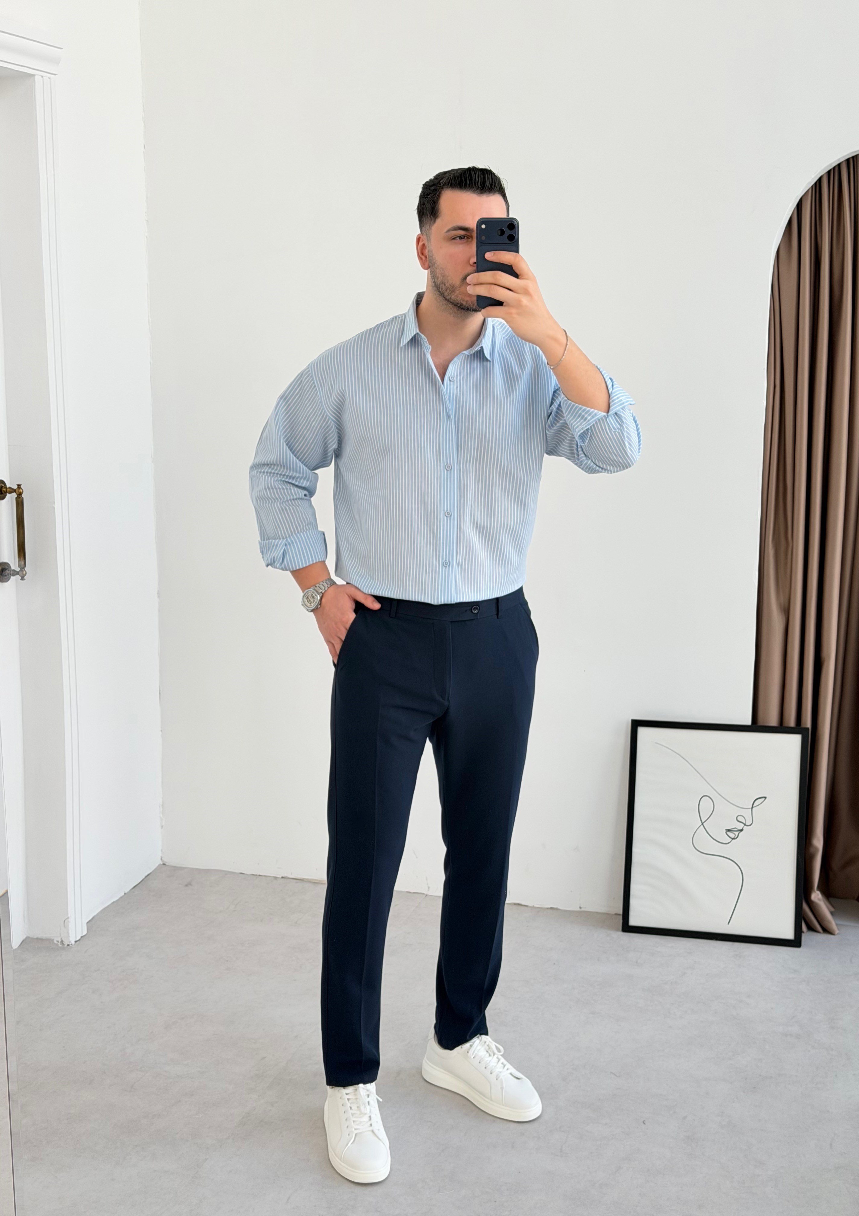Titanyum Mavi Çizgili Oversize Gömlek