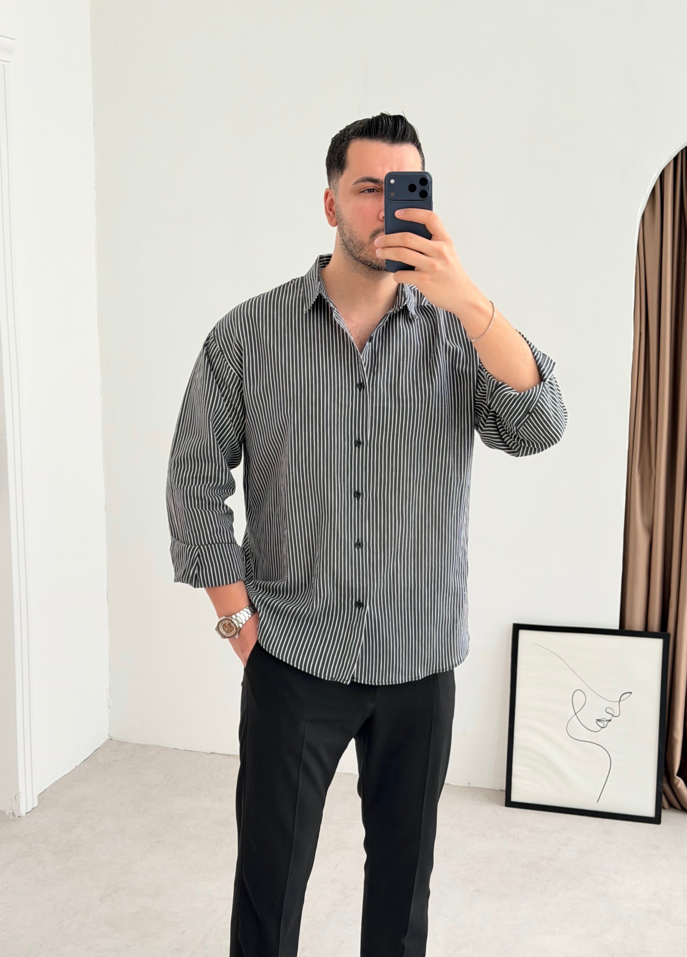 Titanyum Siyah Çizgili Oversize Gömlek