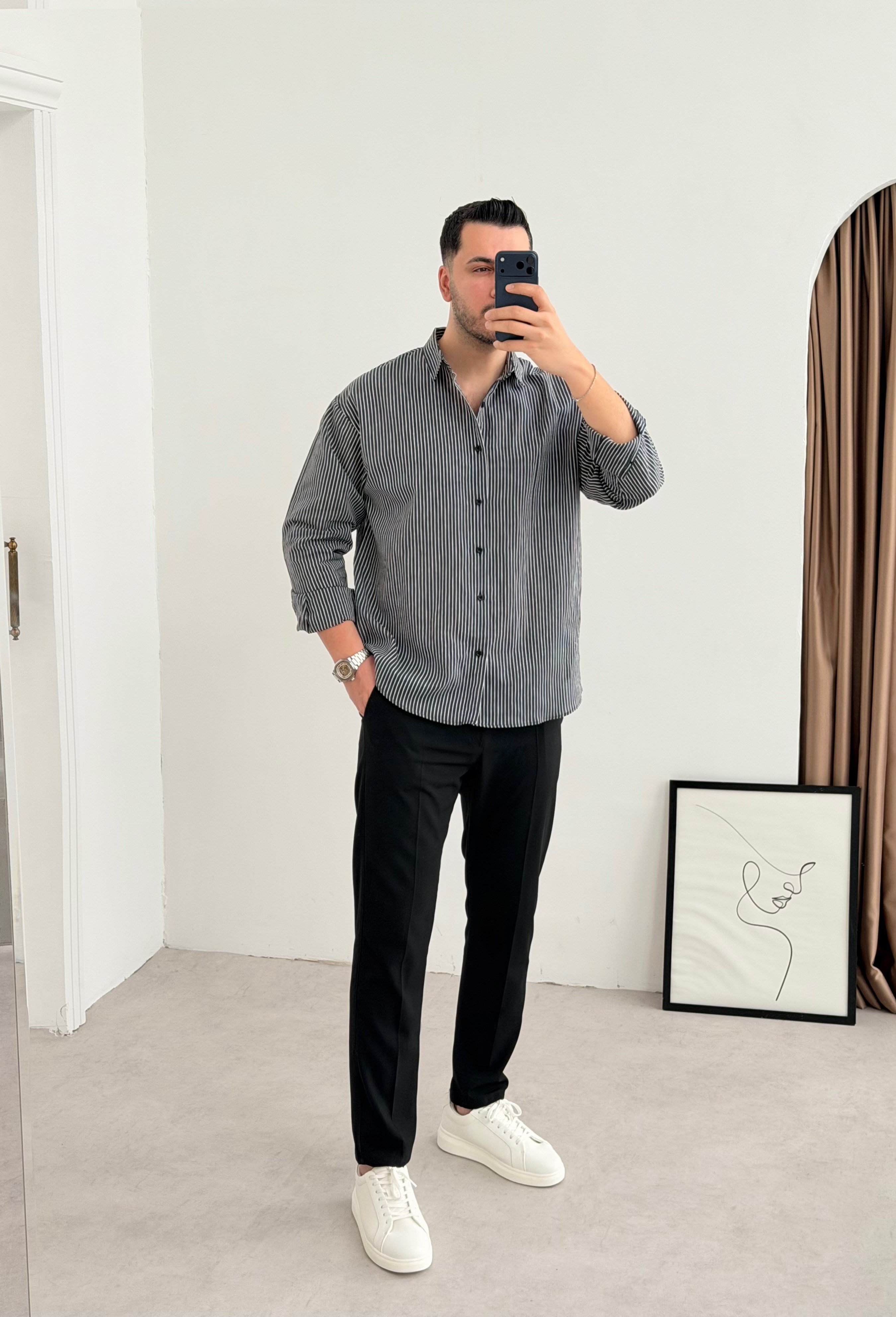 Titanyum Siyah Çizgili Oversize Gömlek