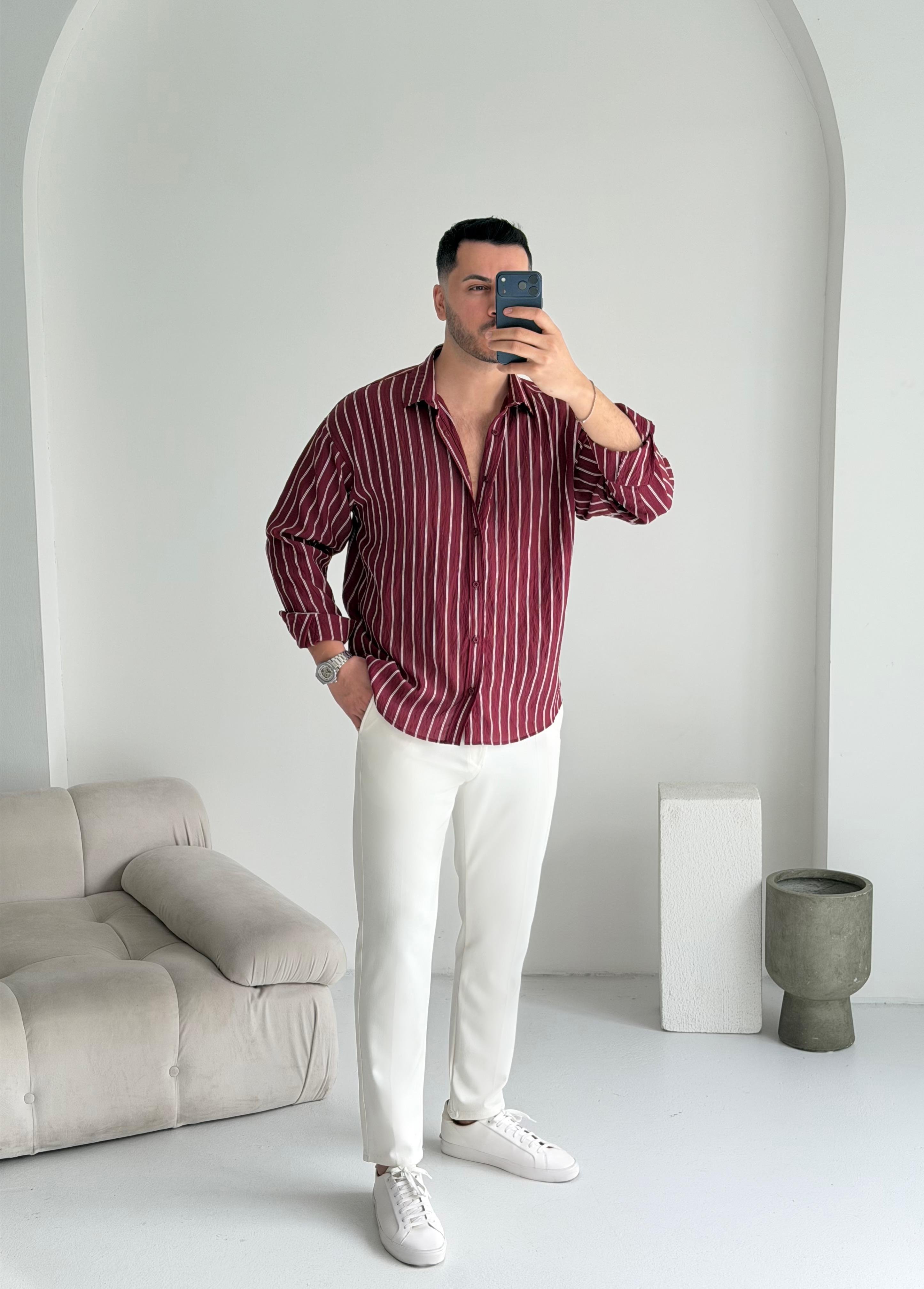 Tortie Bordo Çizgili Oversize Gömlek 