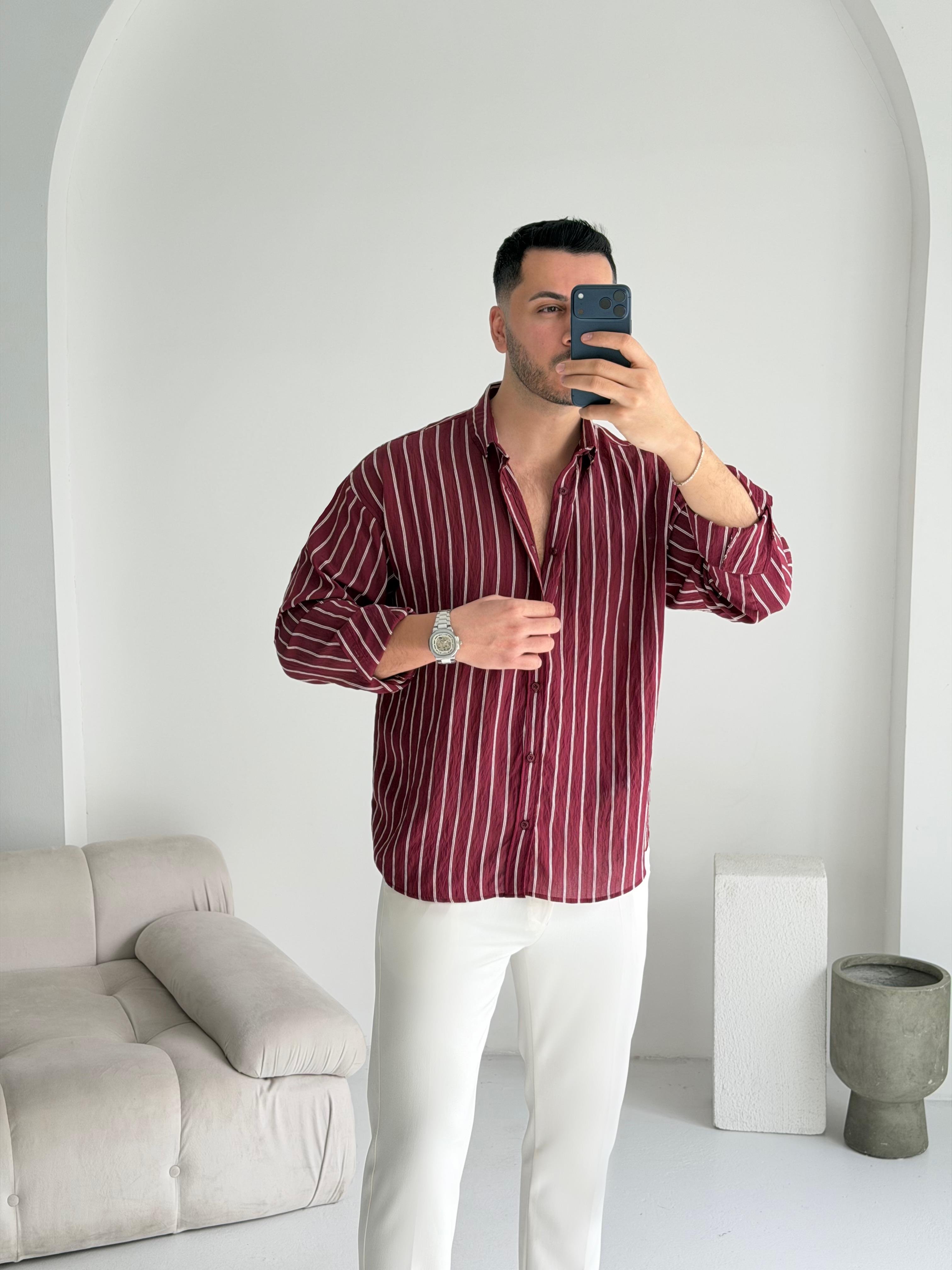 Tortie Bordo Çizgili Oversize Gömlek 