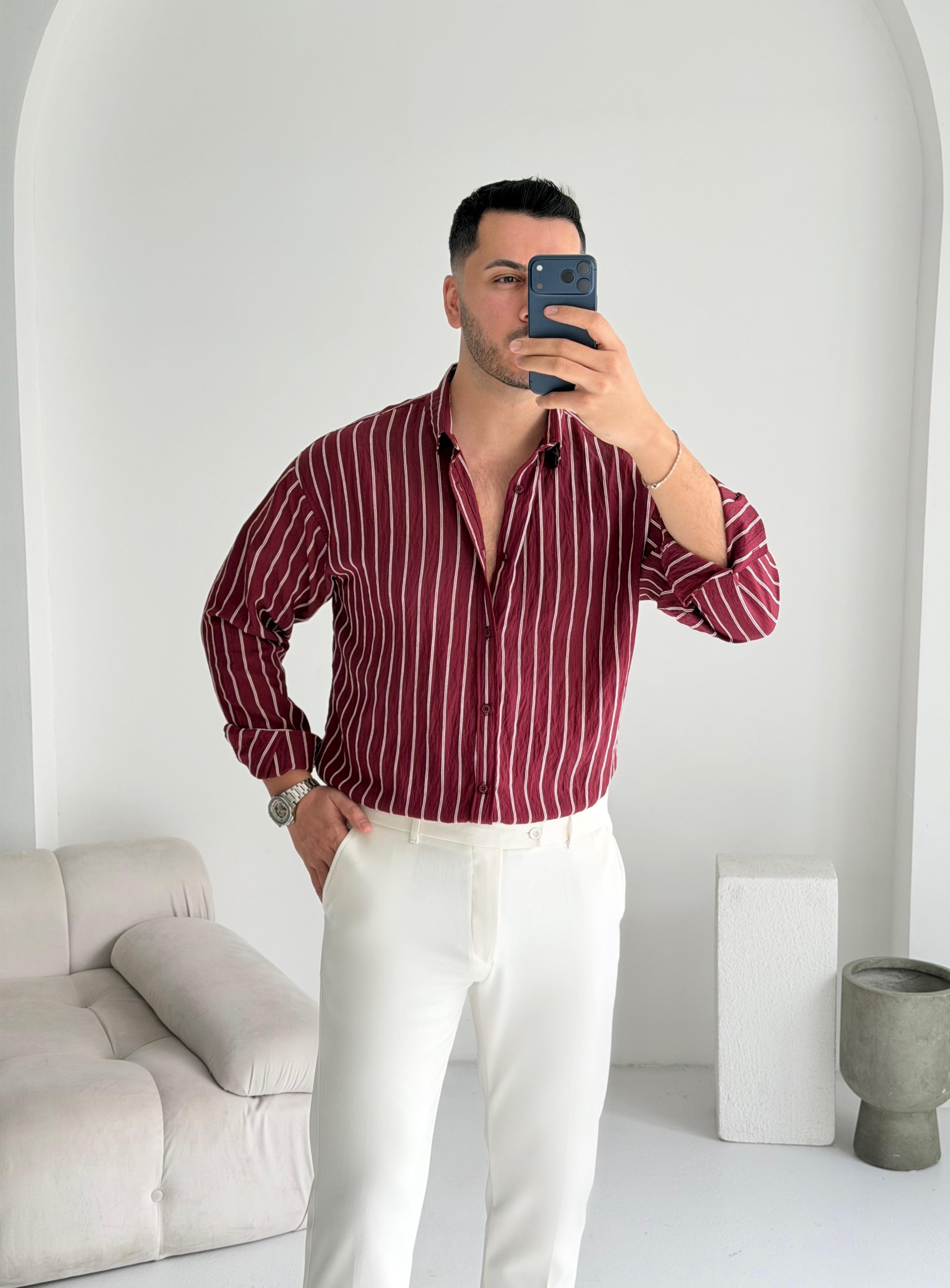 Tortie Bordo Çizgili Oversize Gömlek 