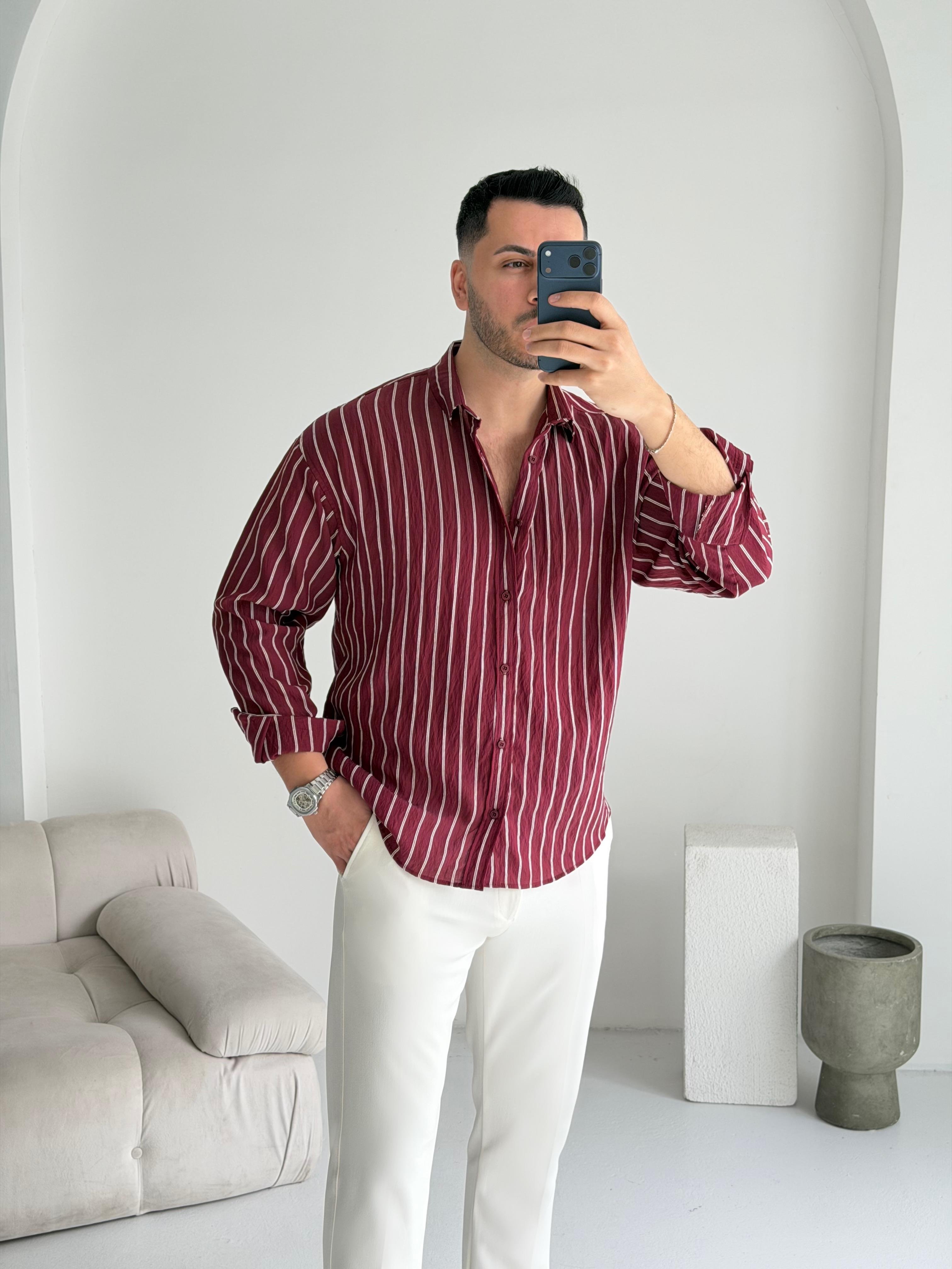 Tortie Bordo Çizgili Oversize Gömlek 
