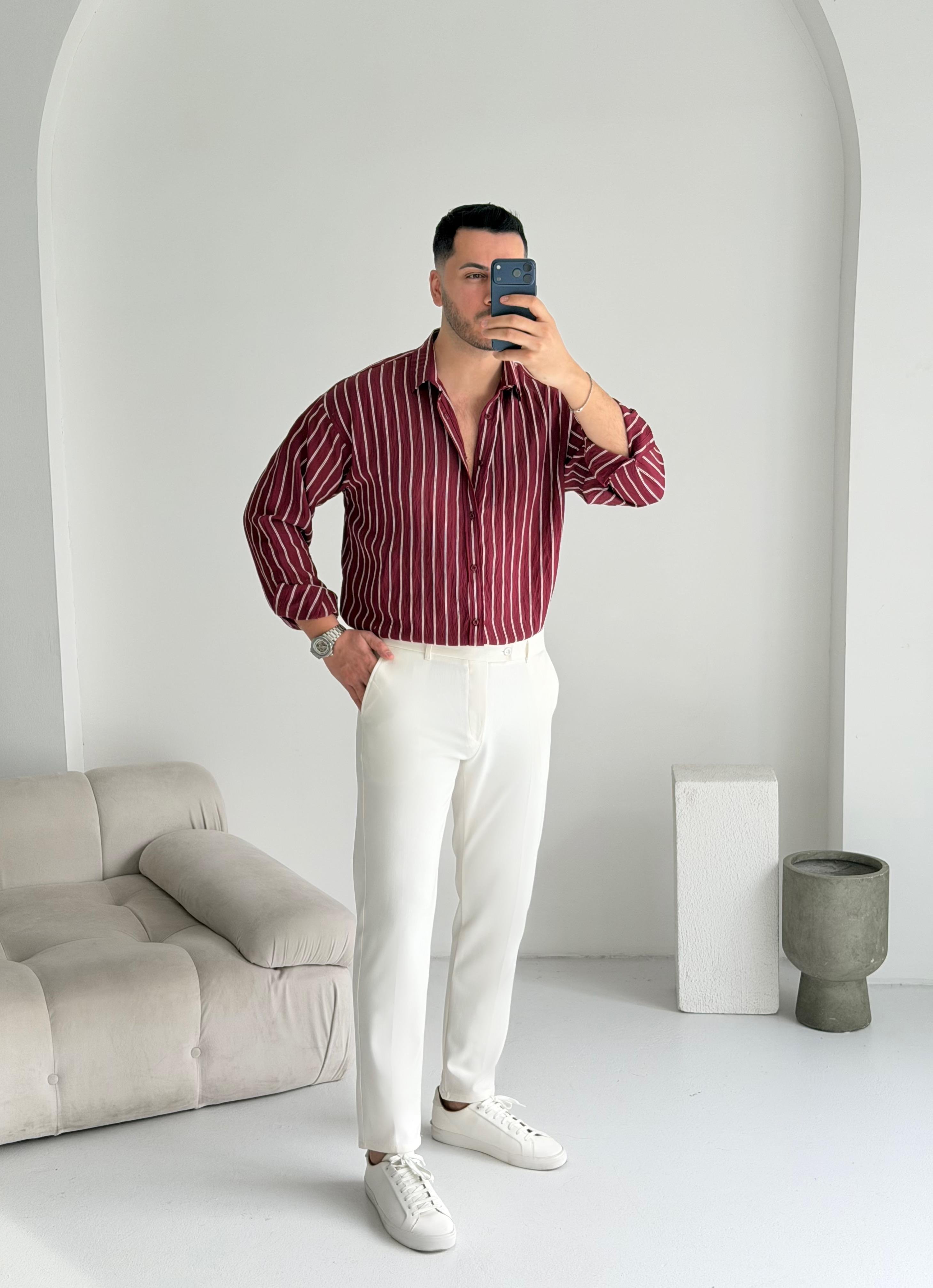 Tortie Bordo Çizgili Oversize Gömlek 