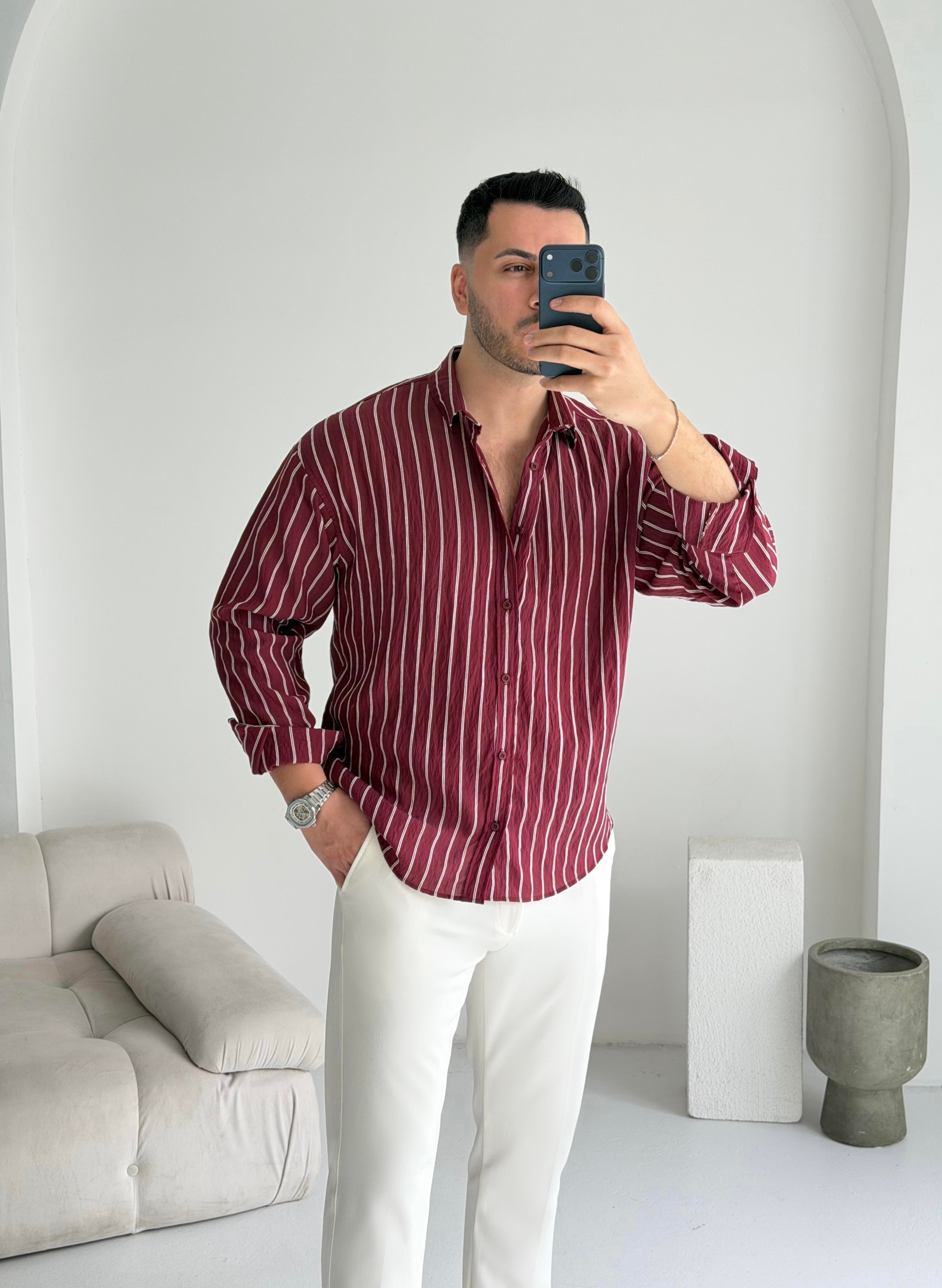 Tortie Bordo Çizgili Oversize Gömlek 