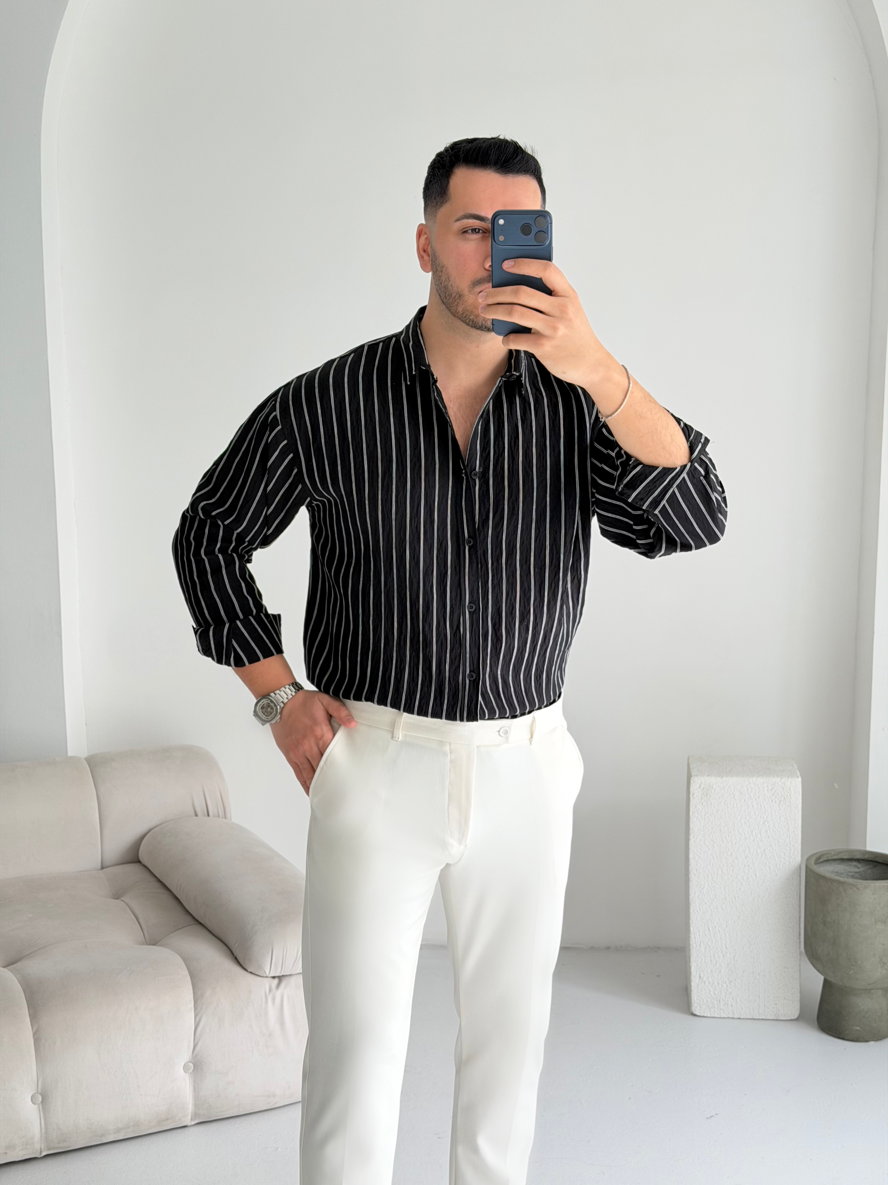 Tortie Siyah Çizgili Oversize Gömlek 