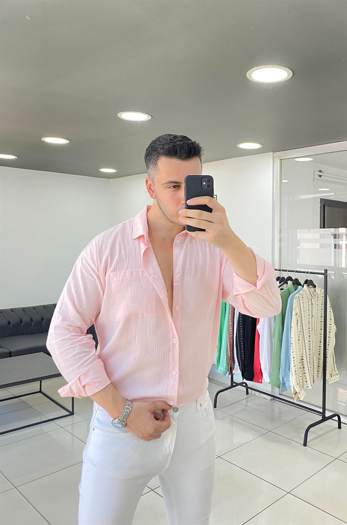 Toz Pembe Oversize Keten Gömlek