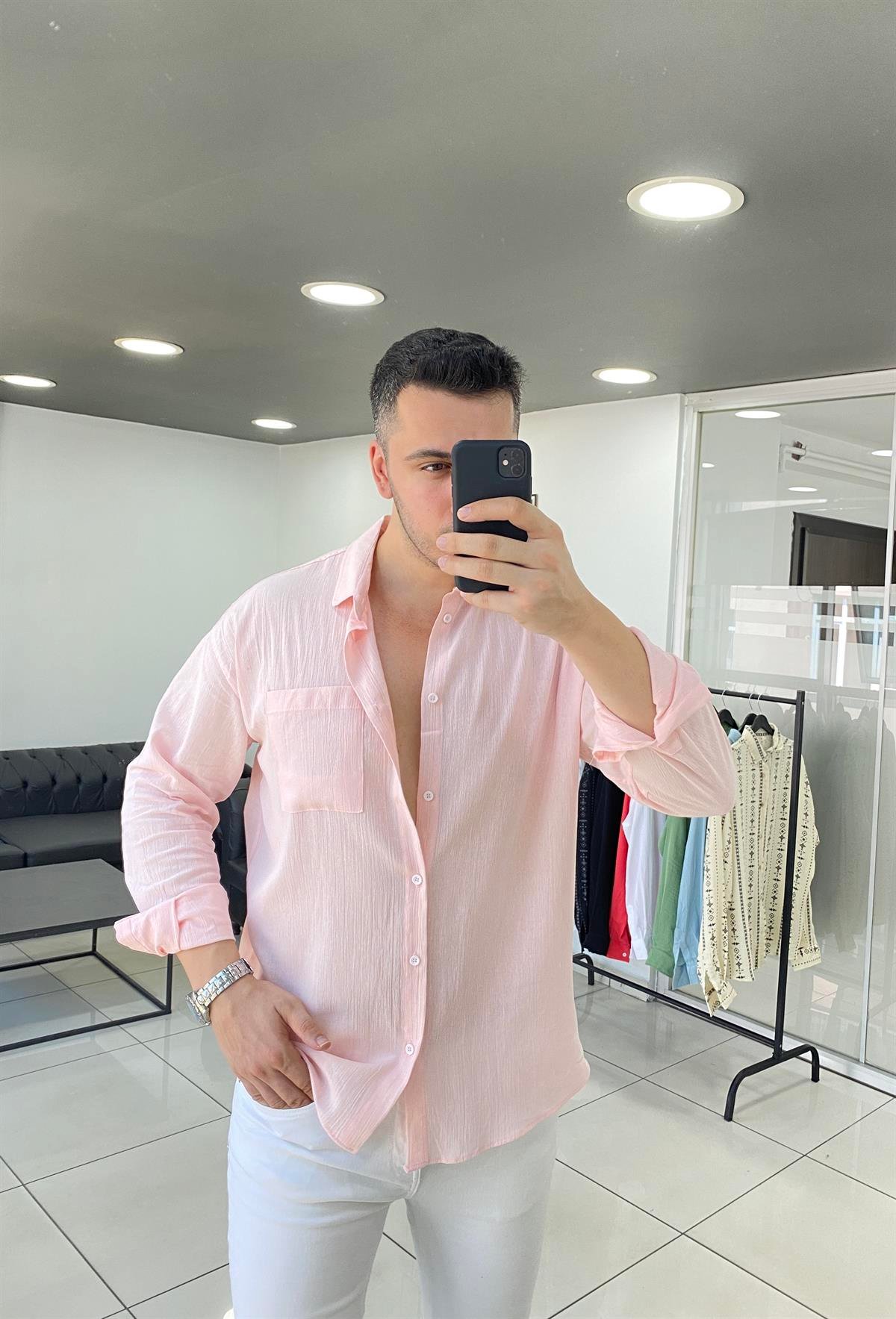 Toz Pembe Oversize Keten Gömlek