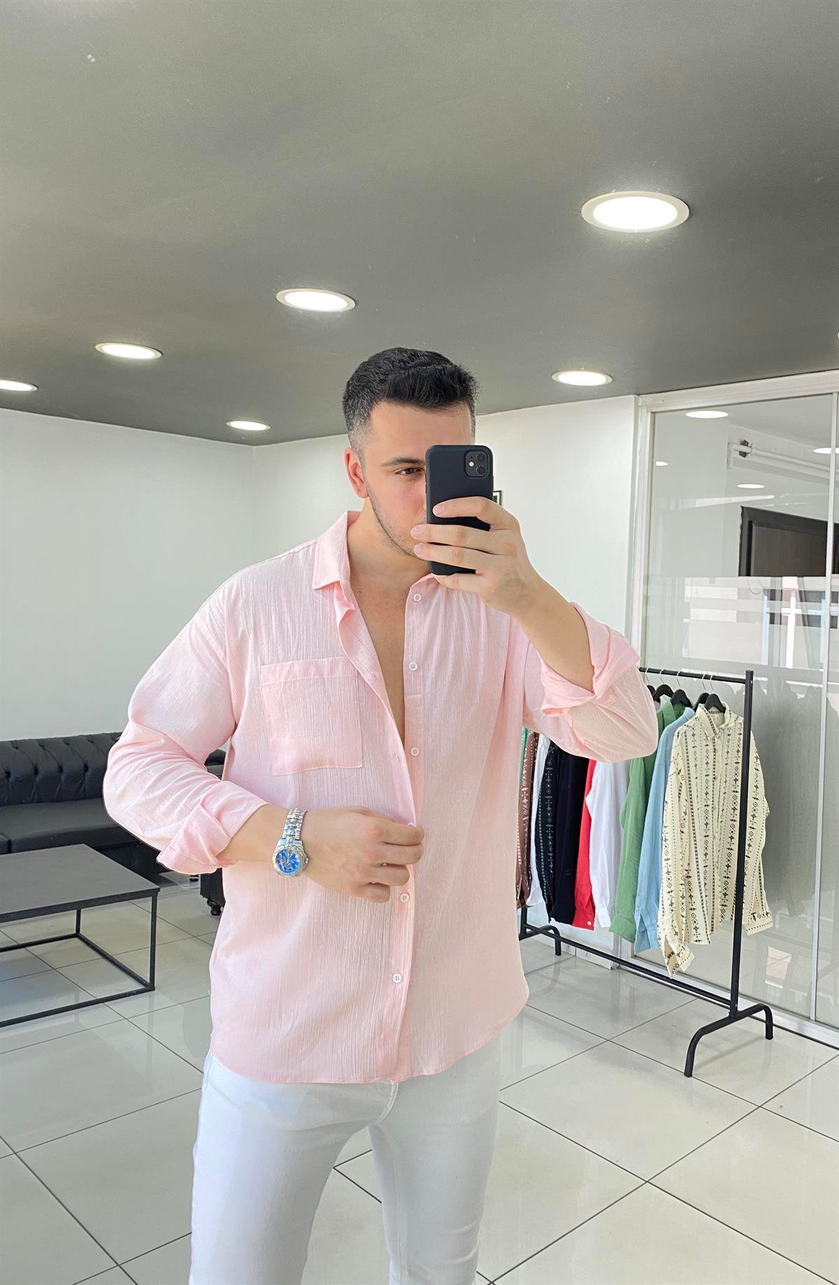 Toz Pembe Oversize Keten Gömlek