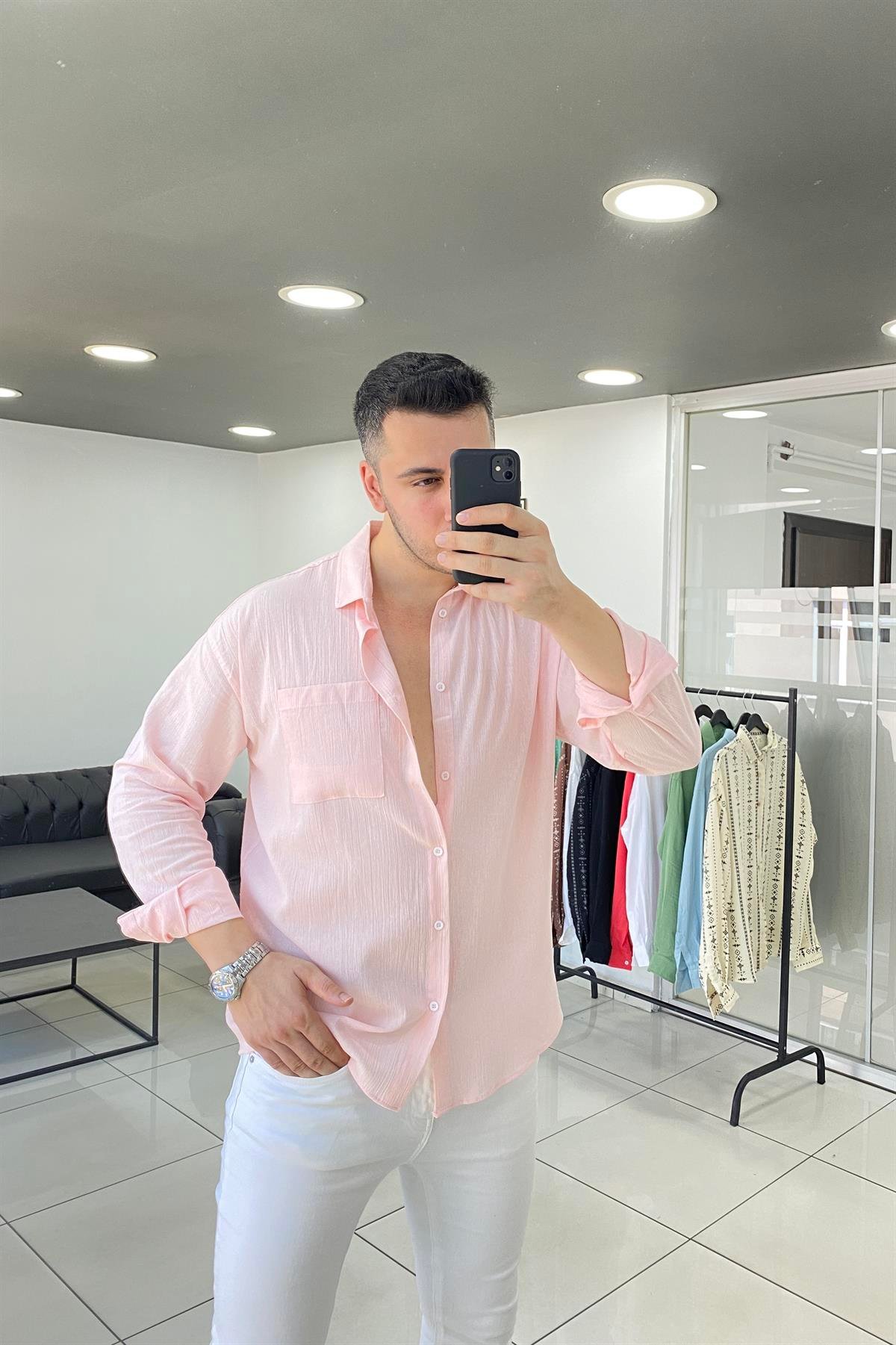 Toz Pembe Oversize Keten Gömlek