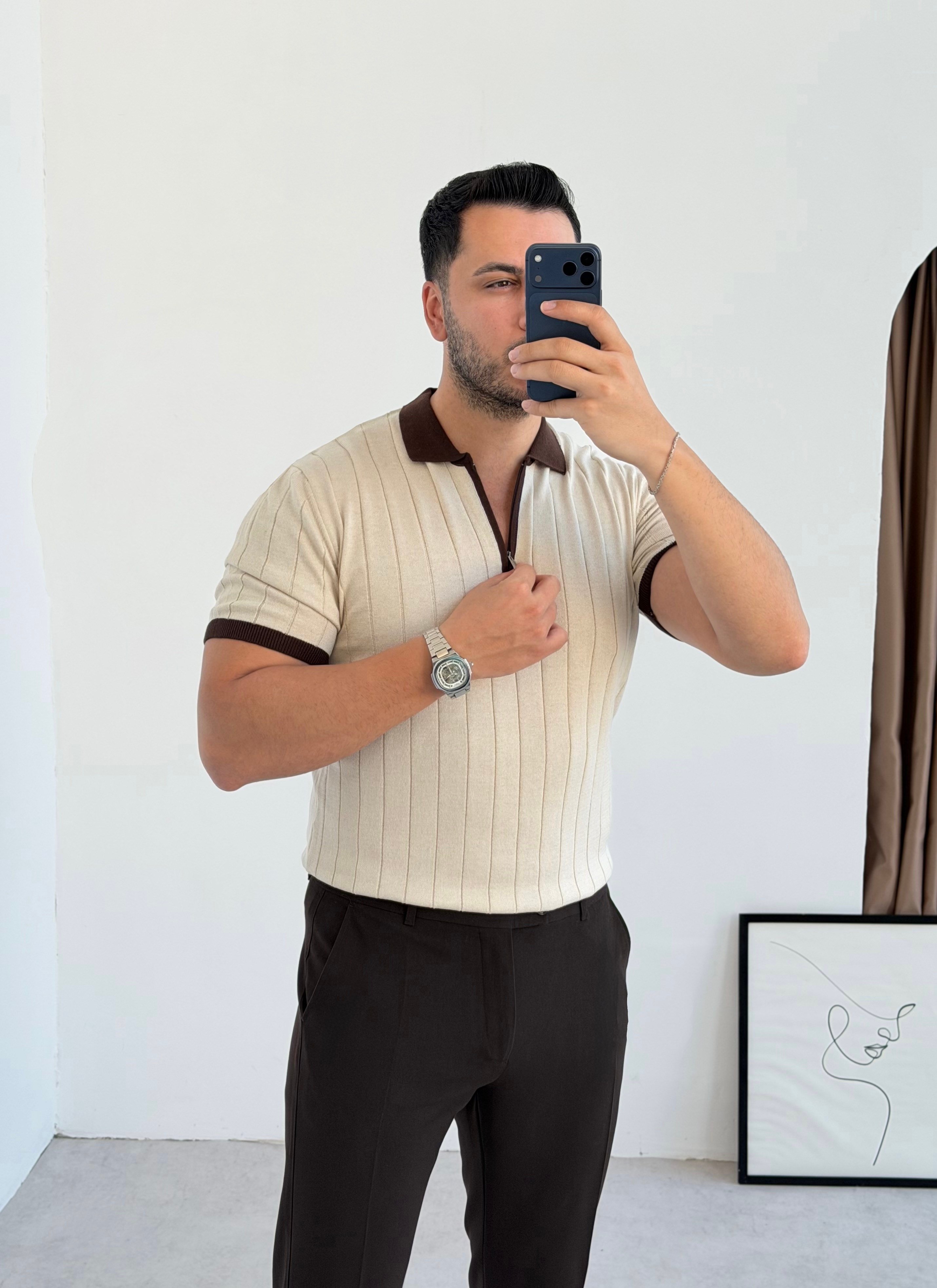 Valentino Bej Fermuarlı Örme Tişört
