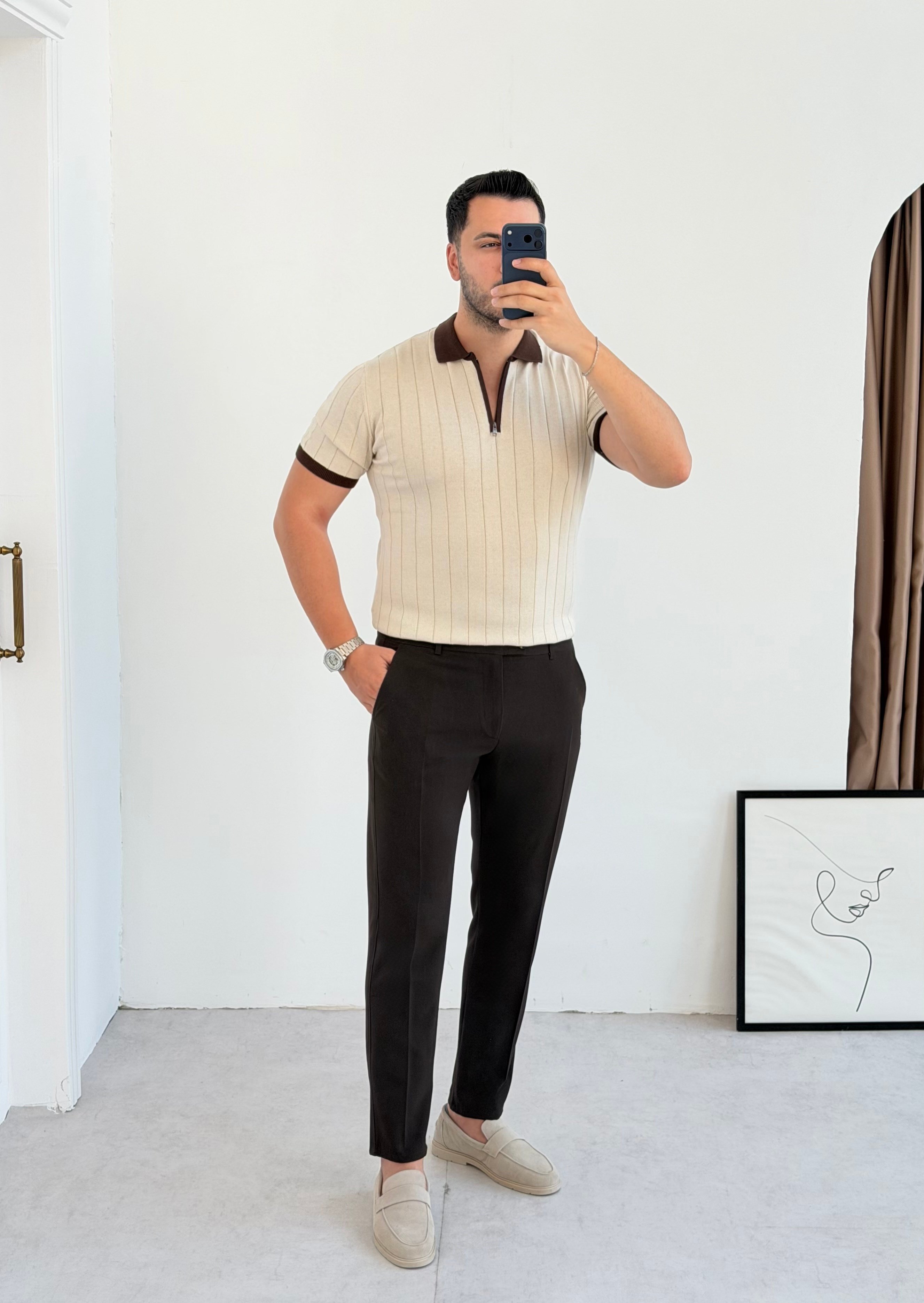 Valentino Bej Fermuarlı Örme Tişört