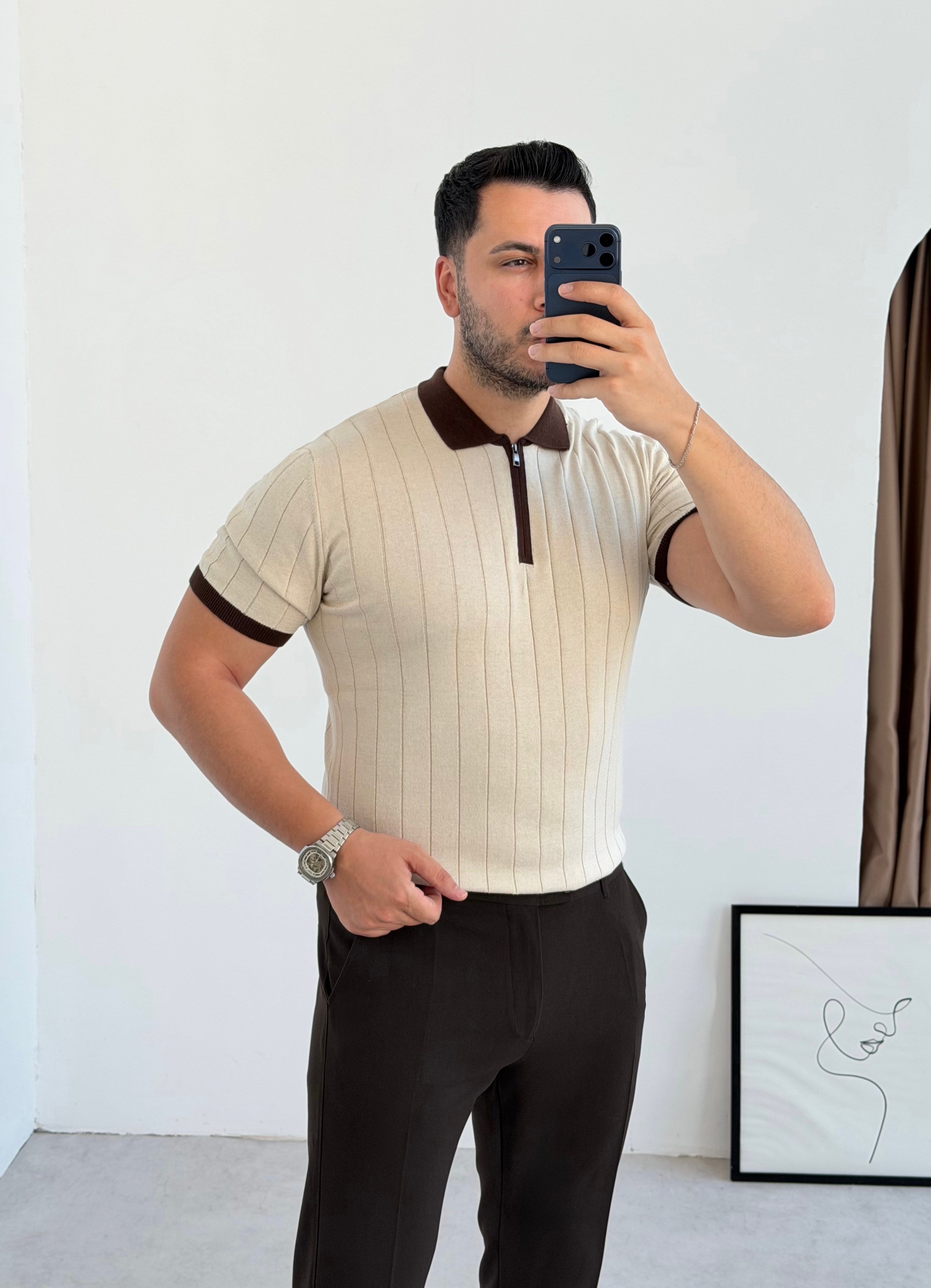 Valentino Bej Fermuarlı Örme Tişört