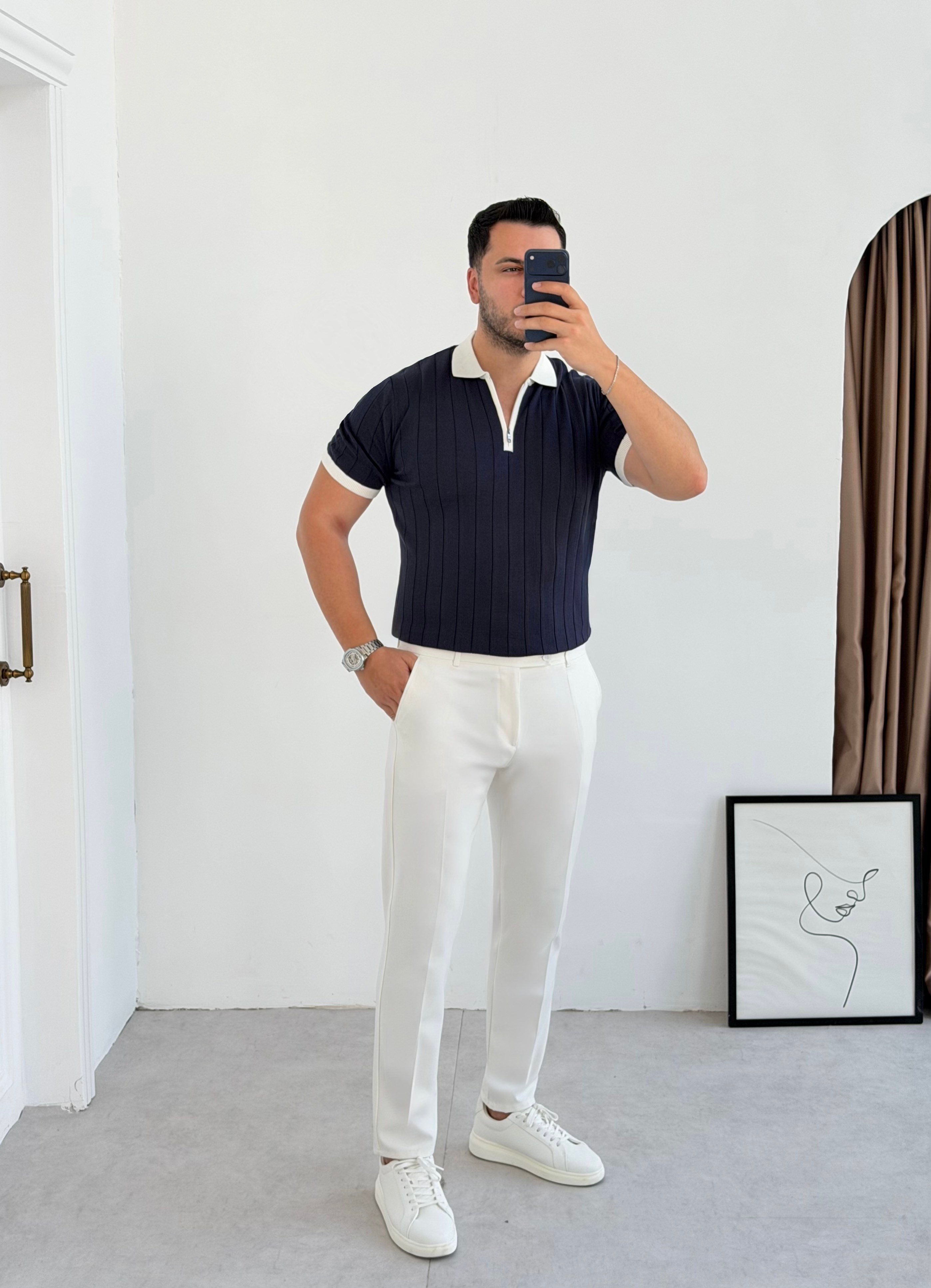 Valentino Lacivert Fermuarlı Örme Tişört