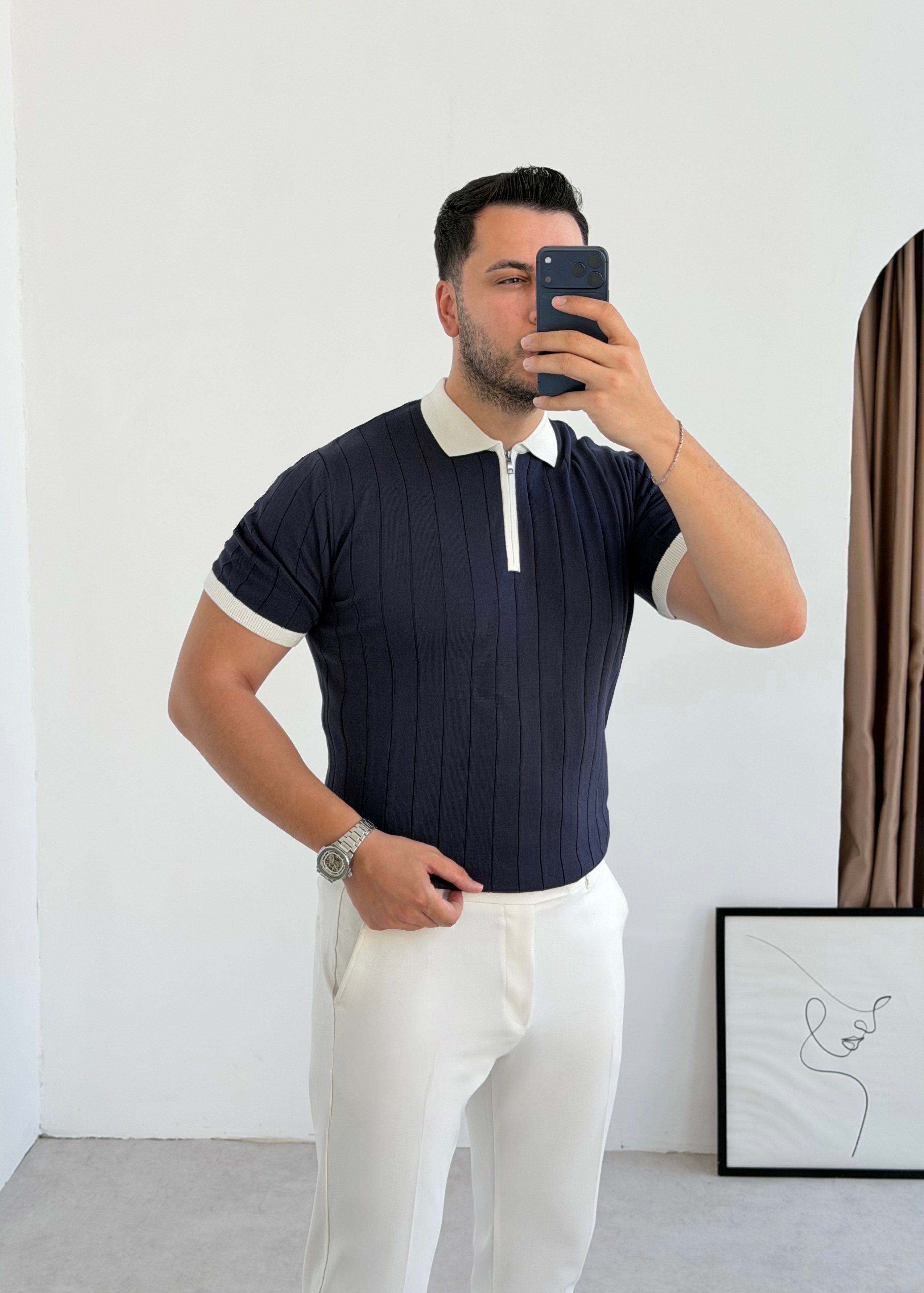 Valentino Lacivert Fermuarlı Örme Tişört