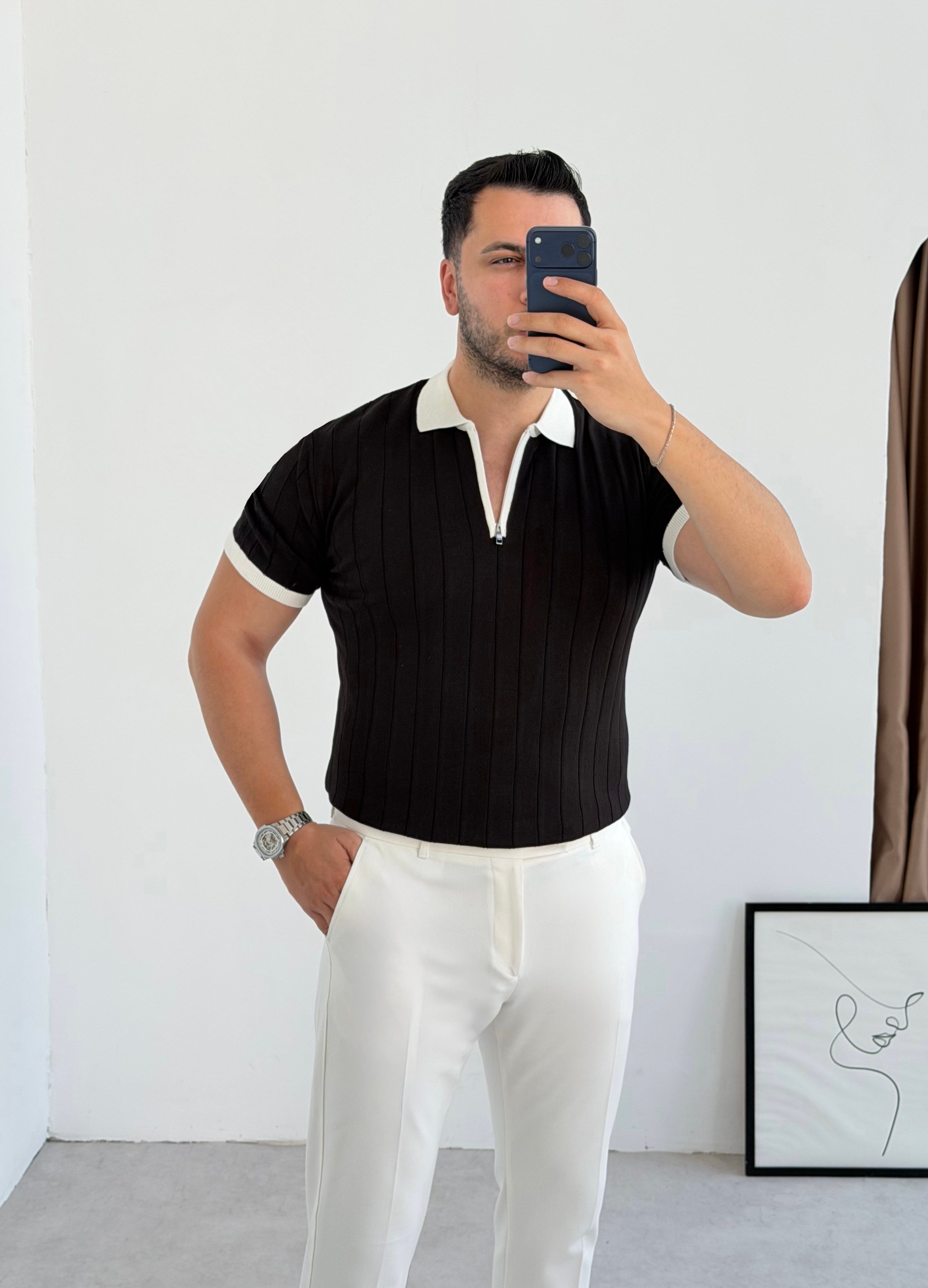 Valentino Siyah Fermuarlı Örme Tişört