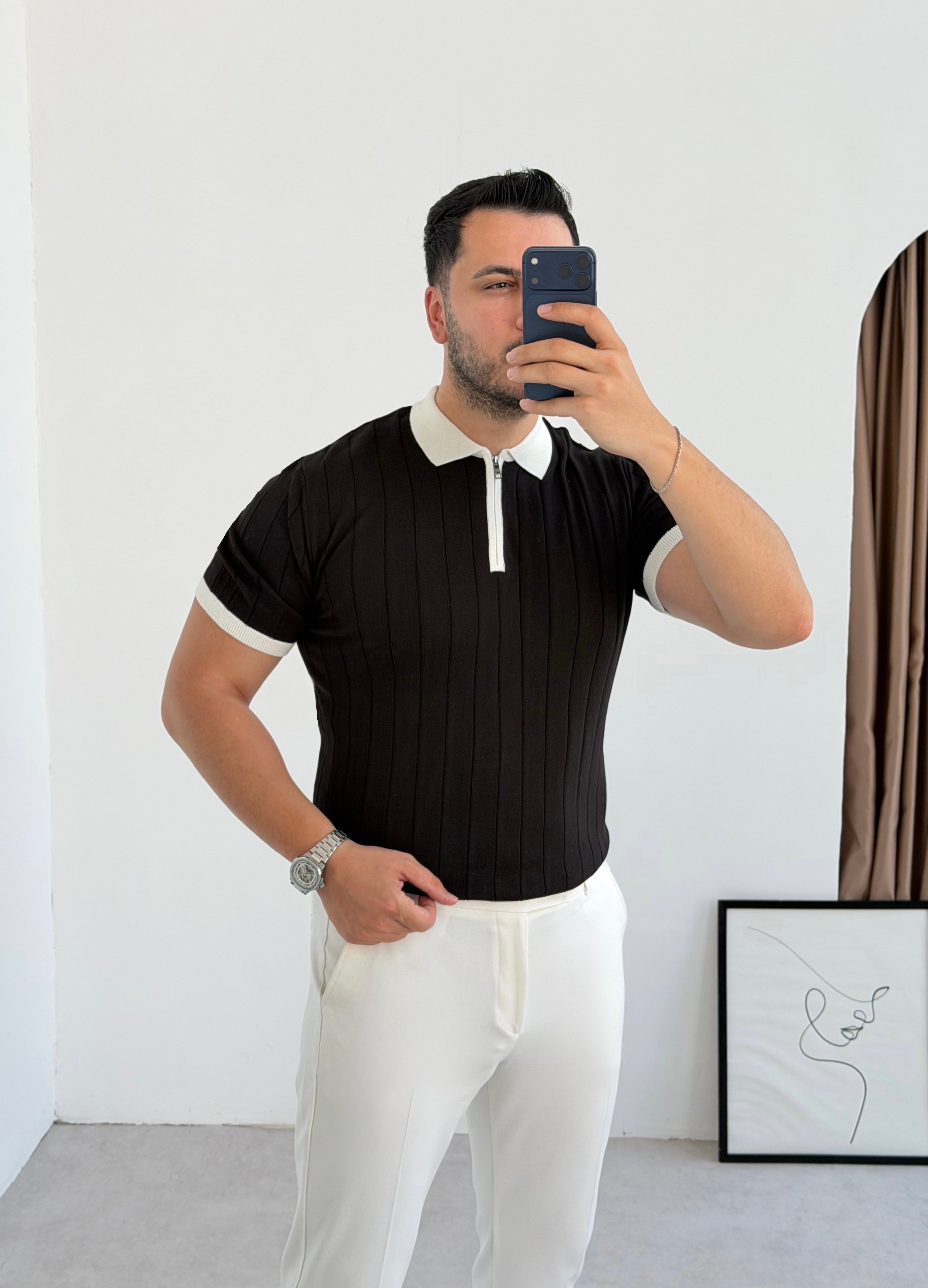 Valentino Siyah Fermuarlı Örme Tişört