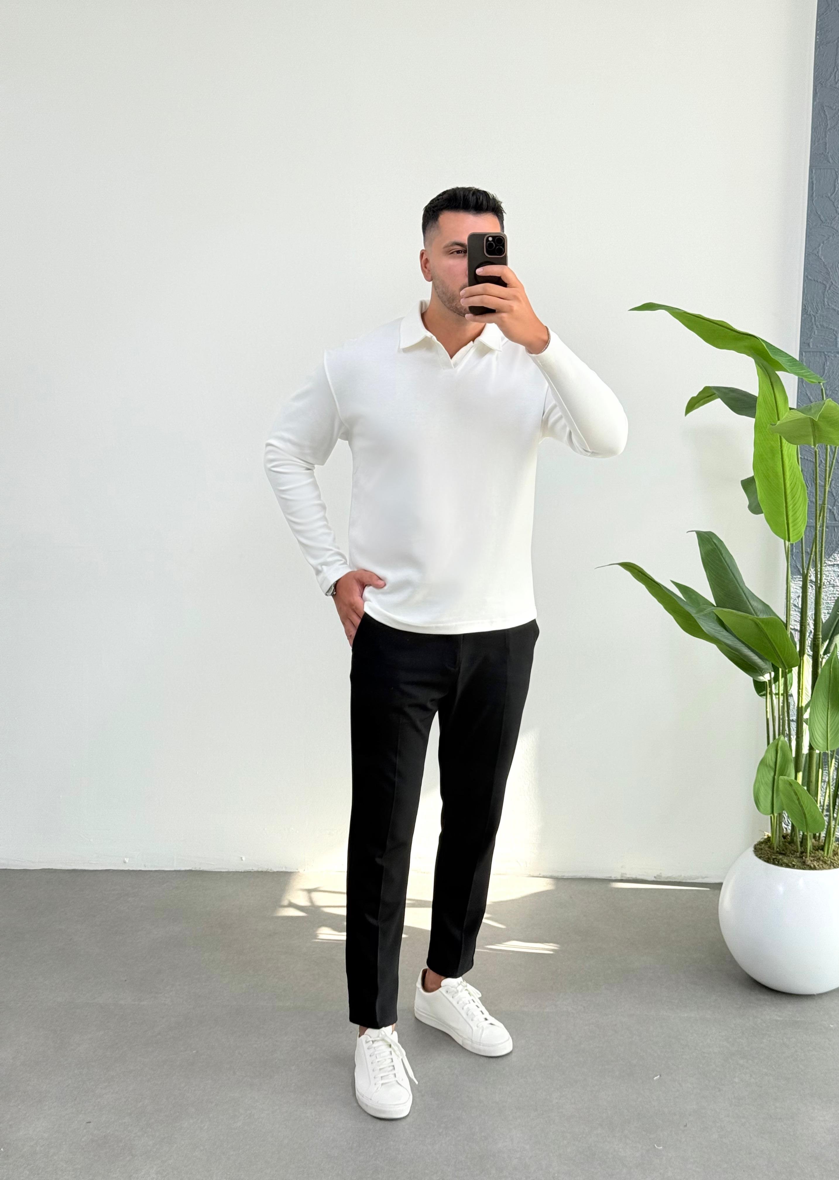 Vector Beyaz Polo Yaka Sweatshirt