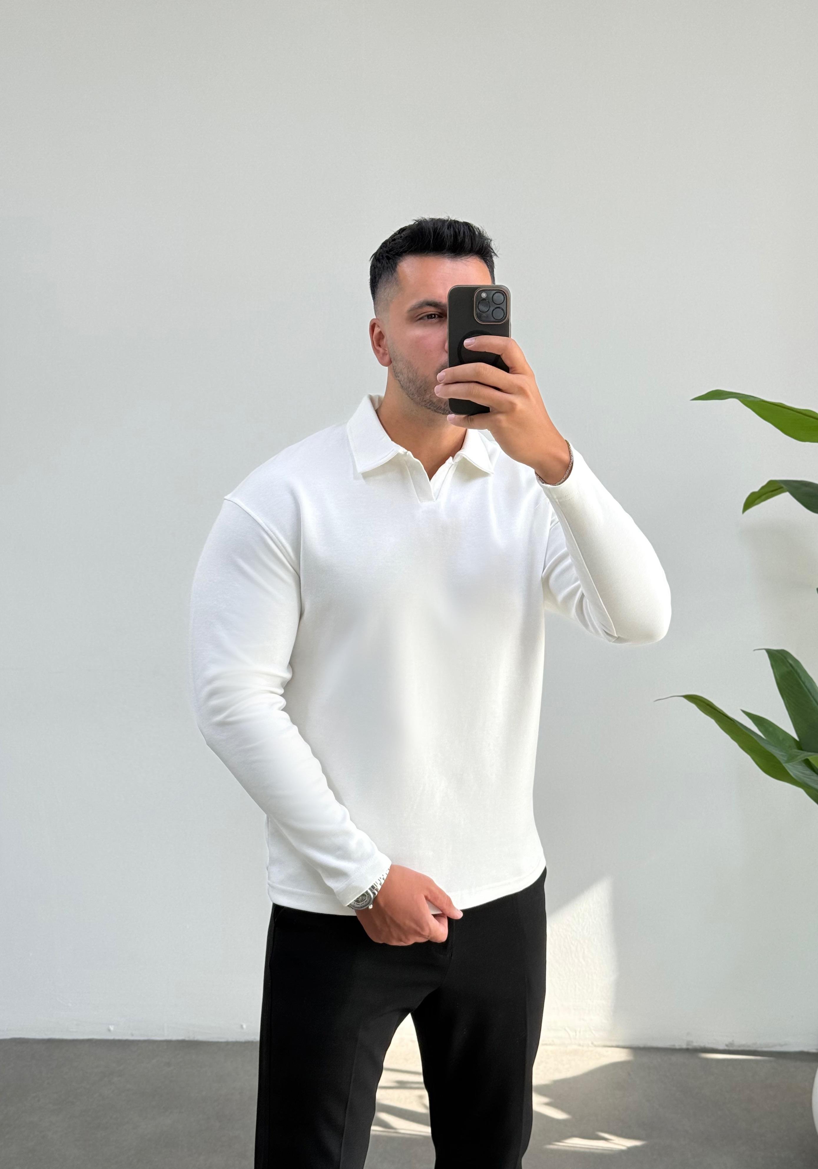 Vector Beyaz Polo Yaka Sweatshirt