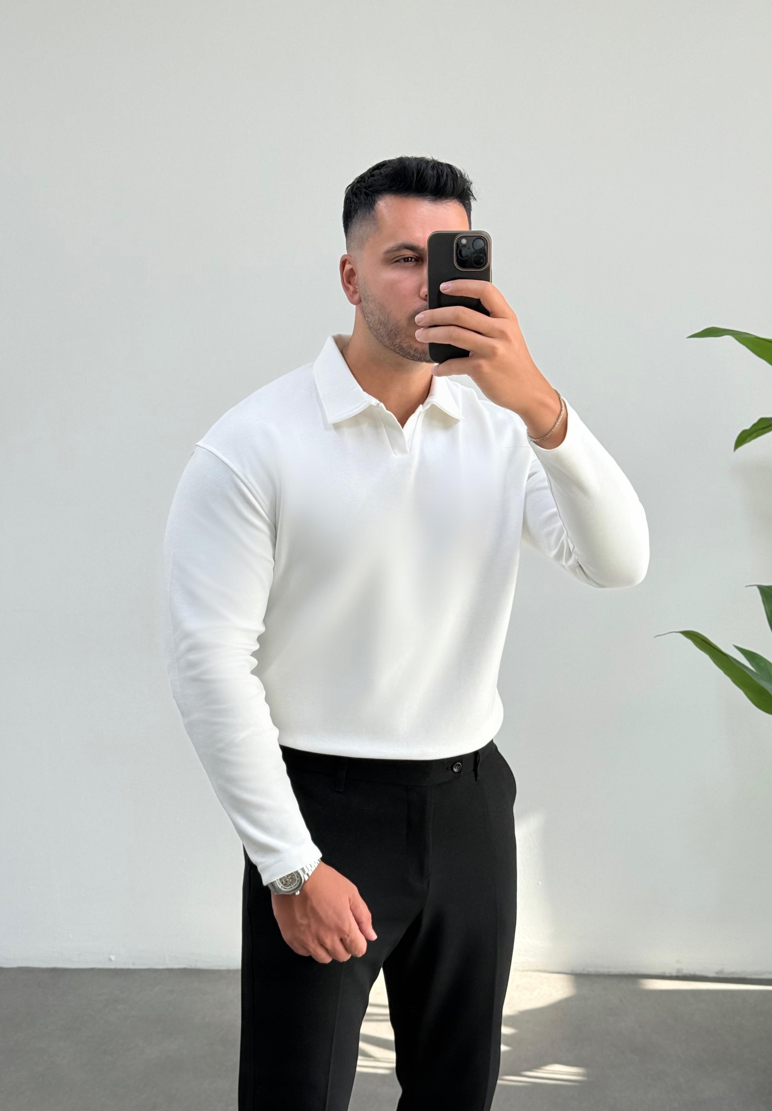 Vector Beyaz Polo Yaka Sweatshirt