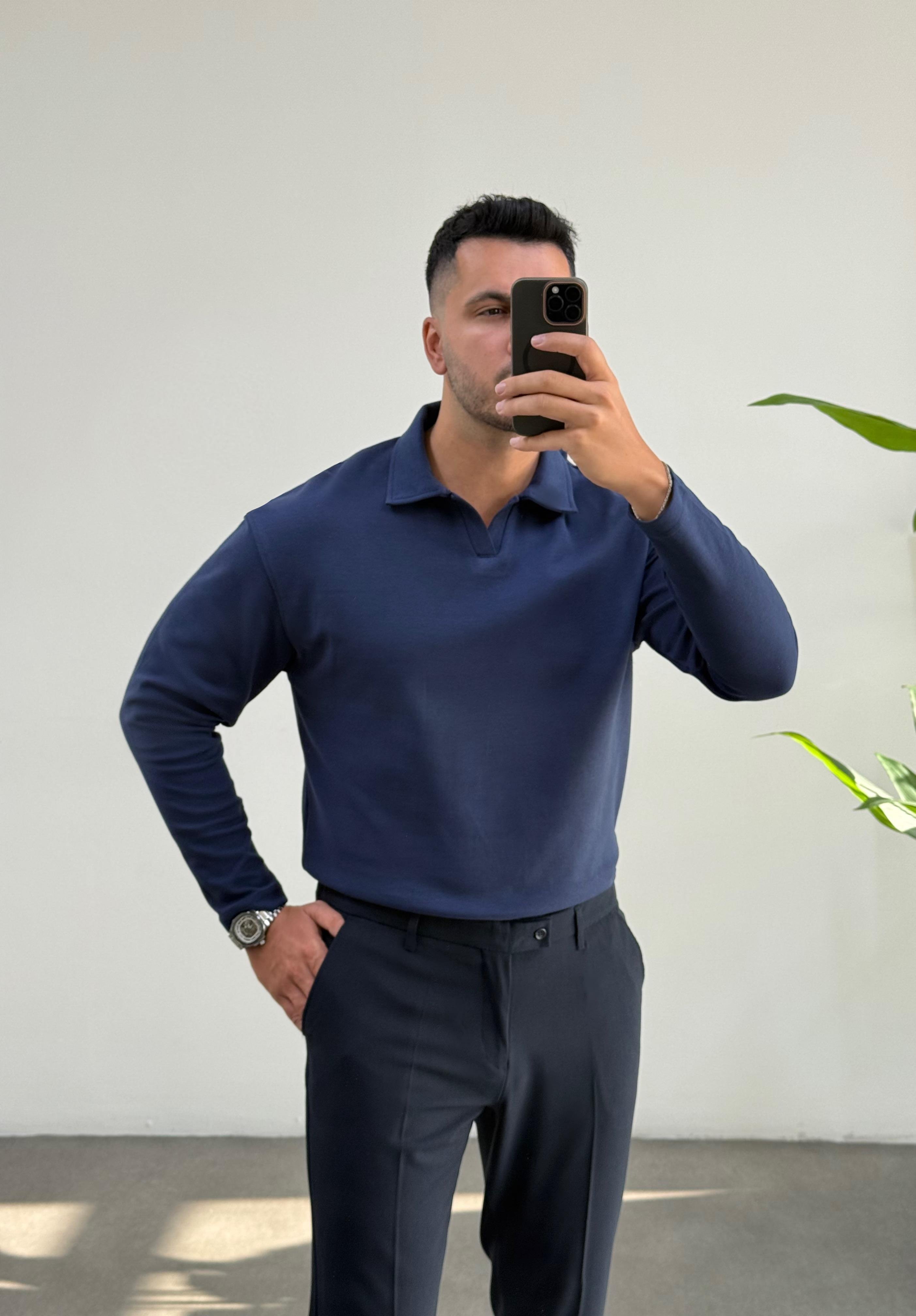 Vector Lacivert Polo Yaka Sweatshirt 
