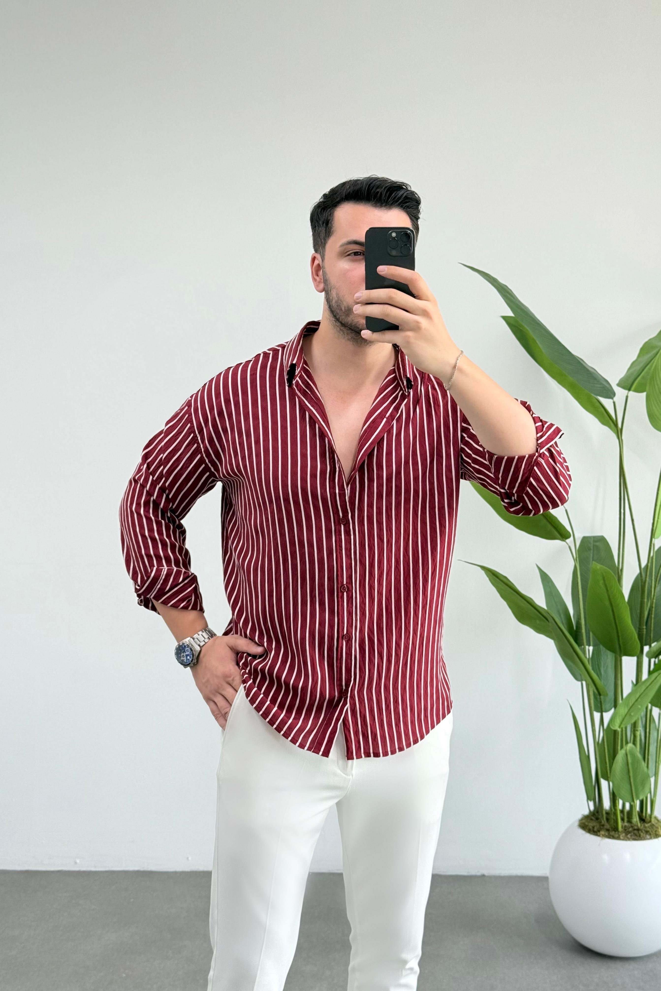 Verona Bordo Çizgili Oversize Gömlek