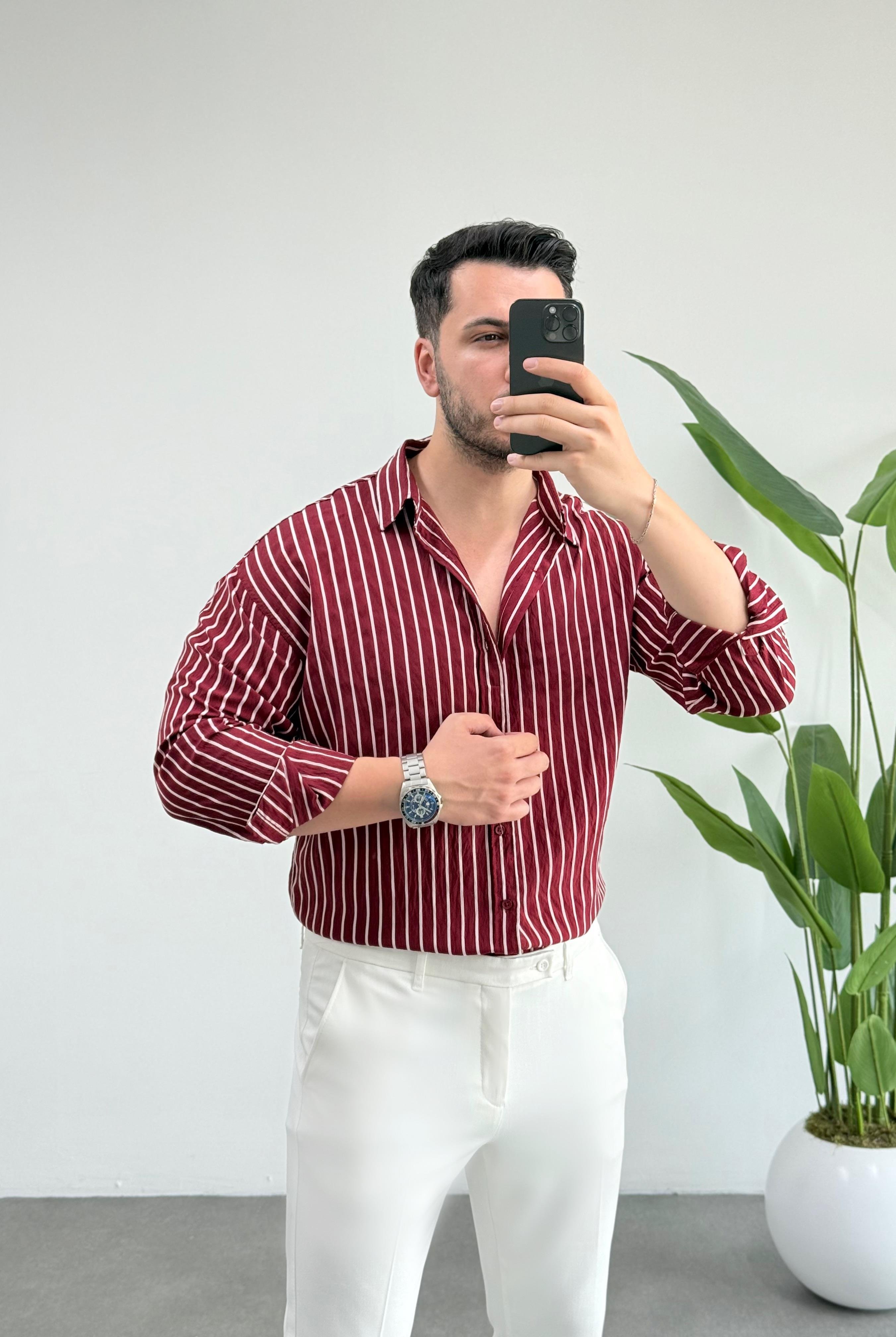 Verona Bordo Çizgili Oversize Gömlek