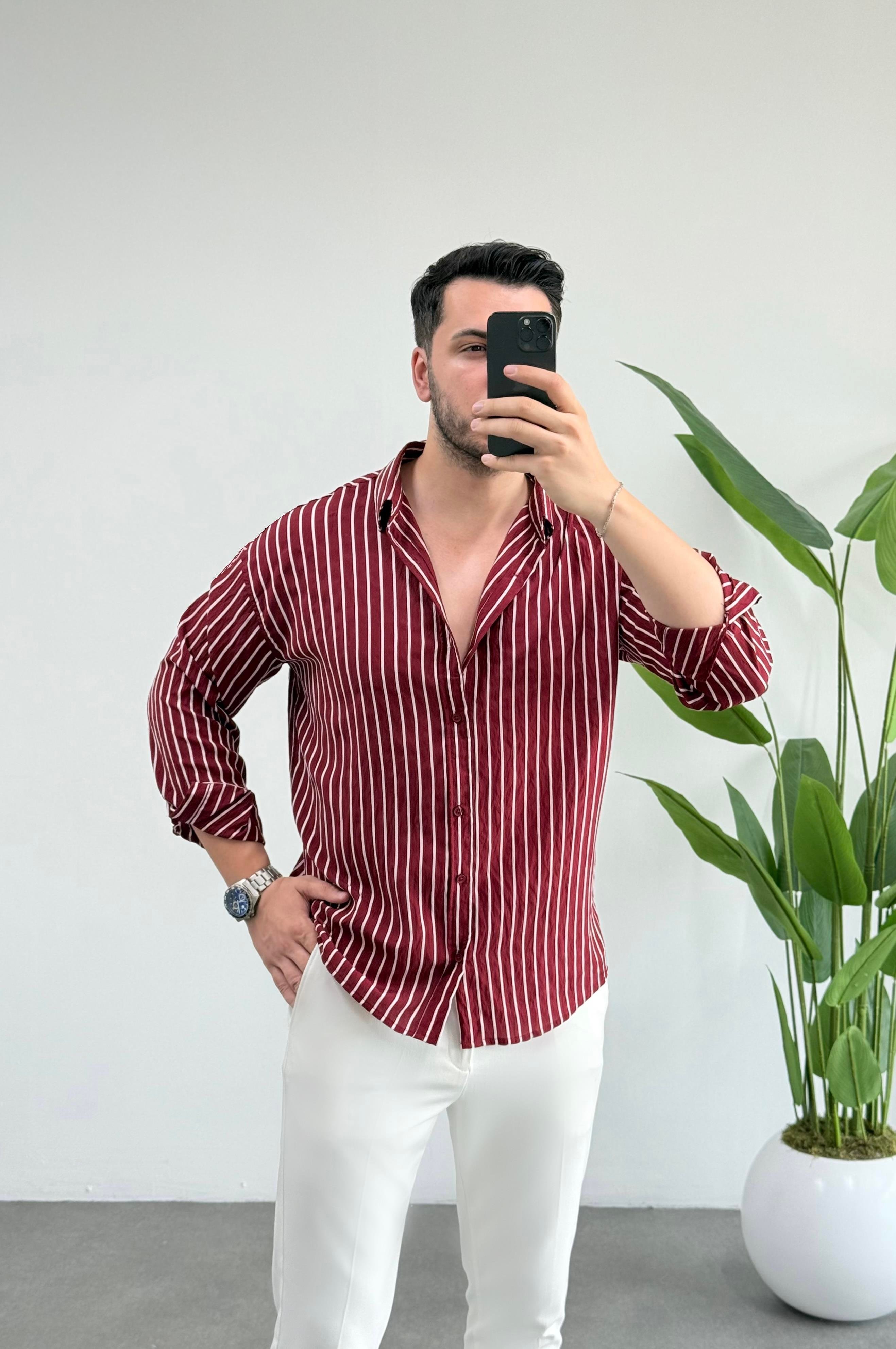 Verona Bordo Çizgili Oversize Gömlek