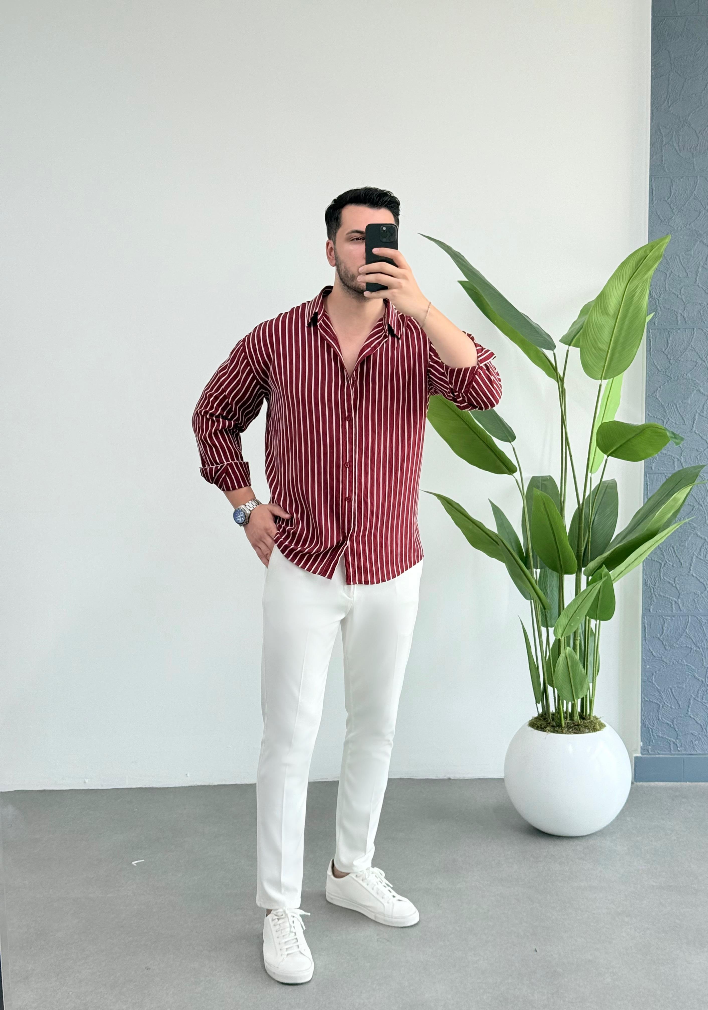 Verona Bordo Çizgili Oversize Gömlek