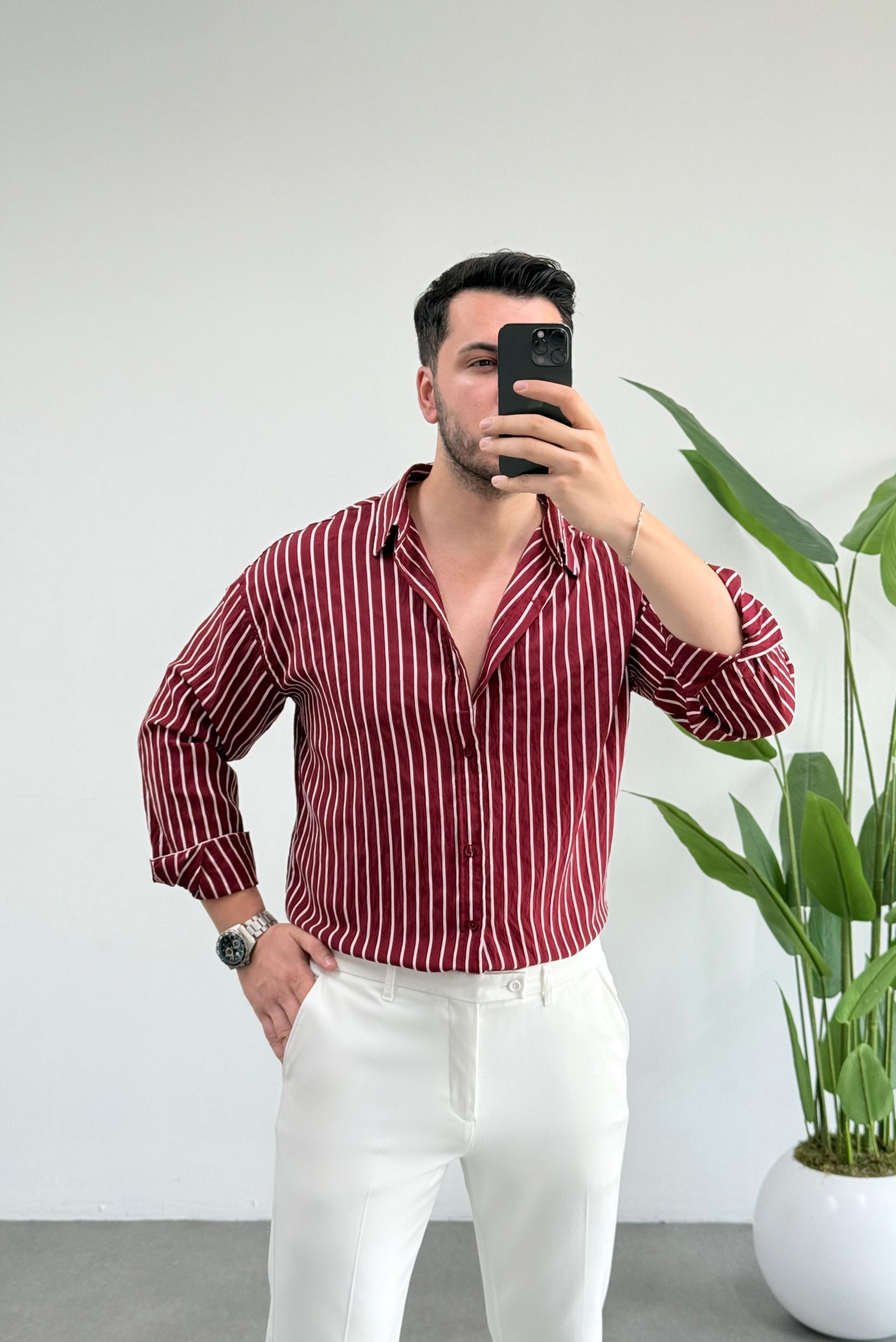 Verona Bordo Çizgili Oversize Gömlek