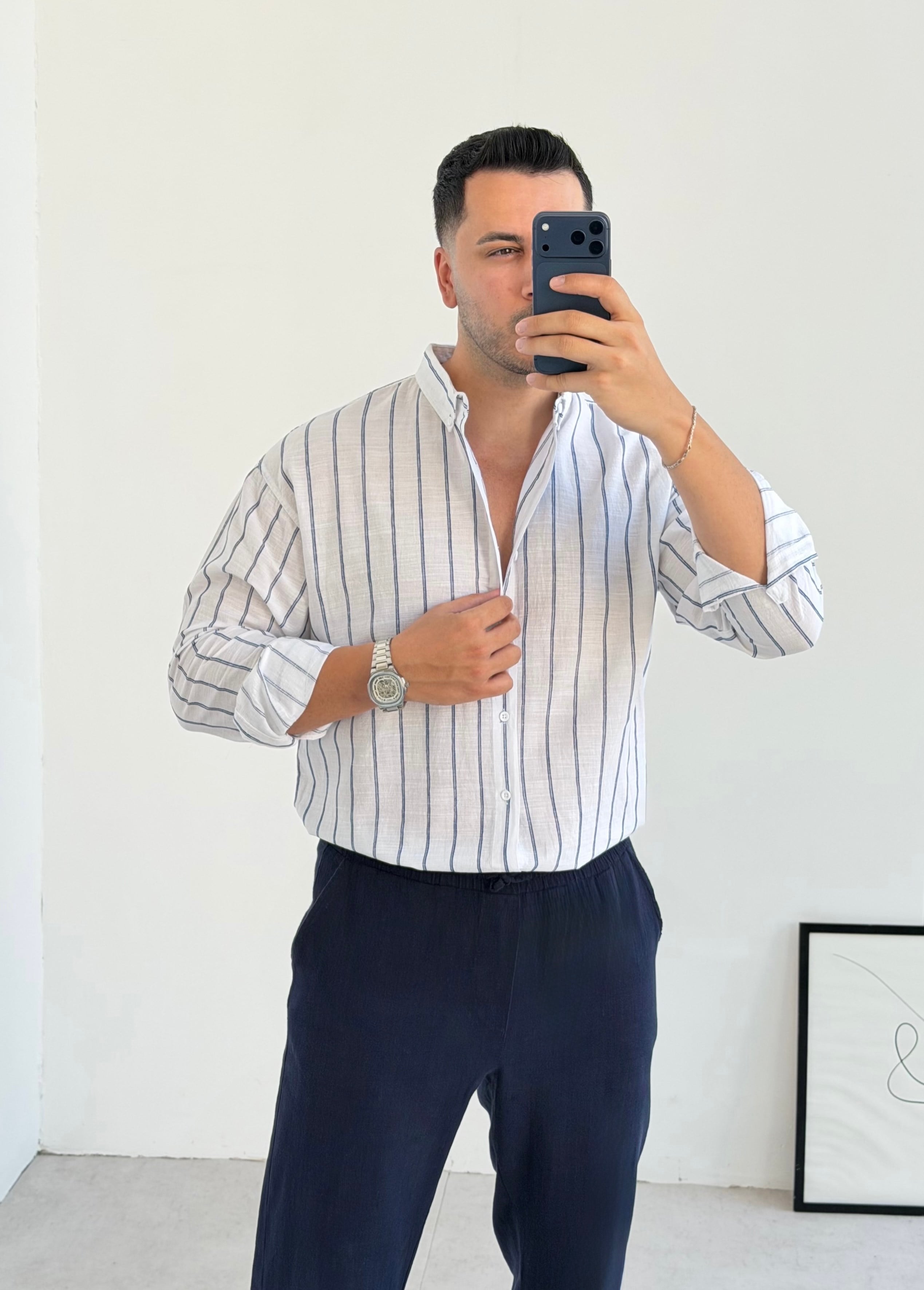 Vouge Lacivert Çizgili Oversize Keten Gömlek