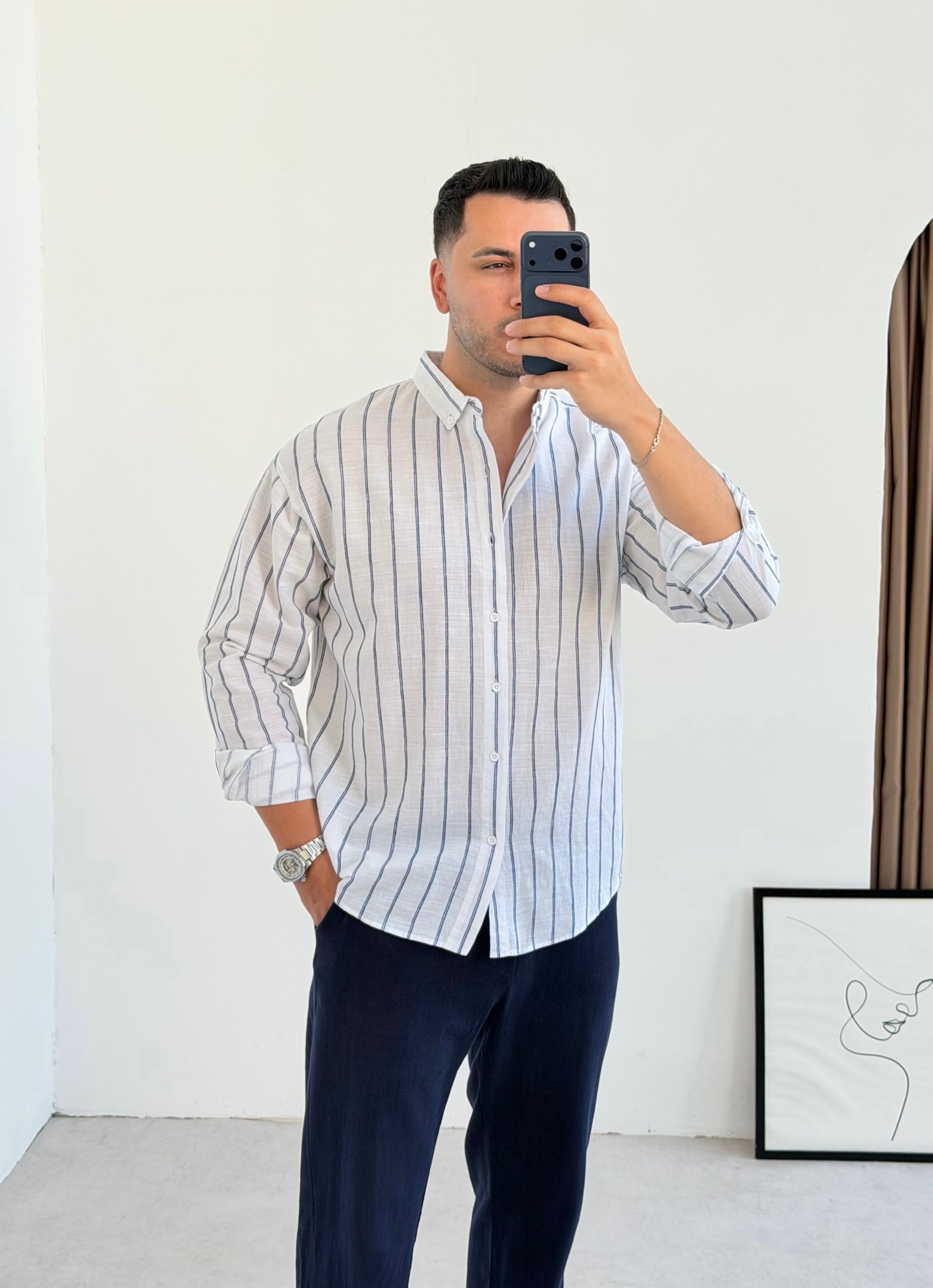 Vouge Lacivert Çizgili Oversize Keten Gömlek