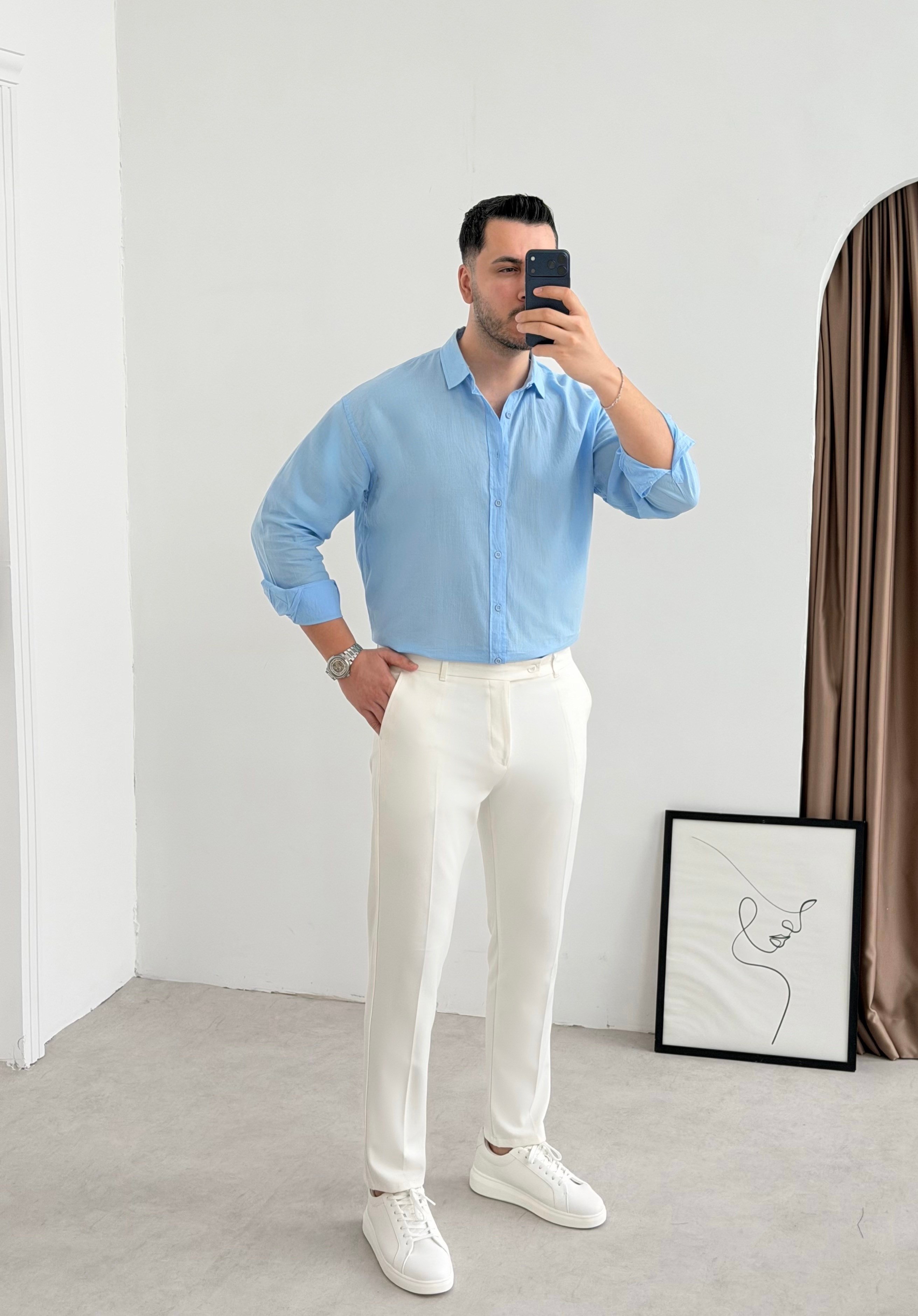 Vual Bebe Mavisi Oversize Keten Gömlek